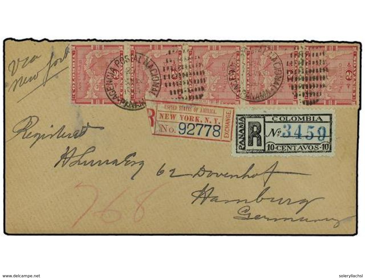 4475 PANAMA. 1900 (March 27). Registered Cover To Germany Via New York Franked By Vertical Strip Of Five 1892 <B>2c</B>. - Sonstige & Ohne Zuordnung