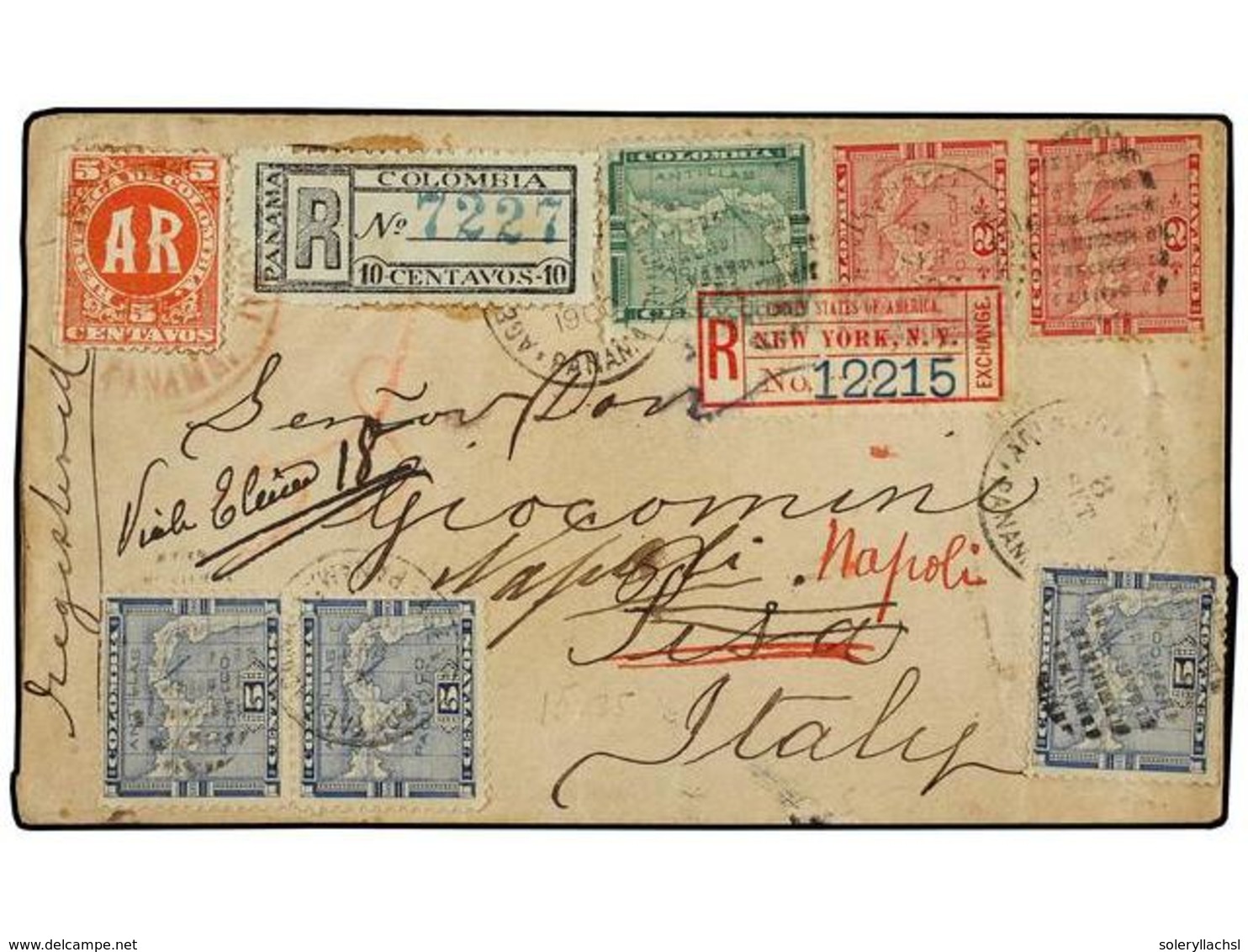 4476 PANAMA. Sc.15, 16 (2), 17, F3. 1900. PANAMÁ A ITALY. Carta Certificada Con Acuse De Recibo Franqueada Con Sellos De - Other & Unclassified