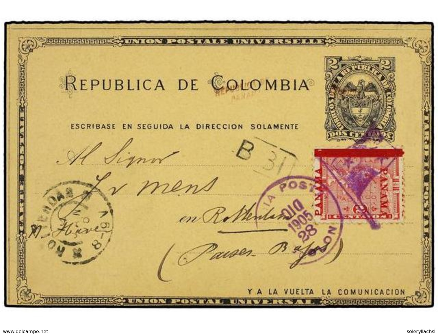 4478 PANAMA. 1905. COLÓN (Panamá) A HOLANDA. Entero Postal De Colombia Doble <B>2 + 2 Ctvos.</B> Negro Habilitado<B> REP - Other & Unclassified