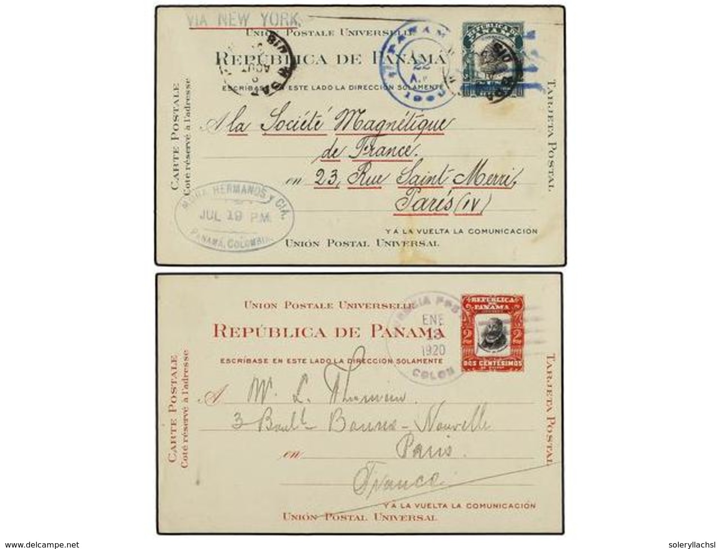 4481 PANAMA. 1909-1920. Dos Enteros Postales De <B>1 Ctvo.</B> Verde Y Negro Y <B>2 Ctvos.</B> Rojo Y Negro, Circulados  - Other & Unclassified