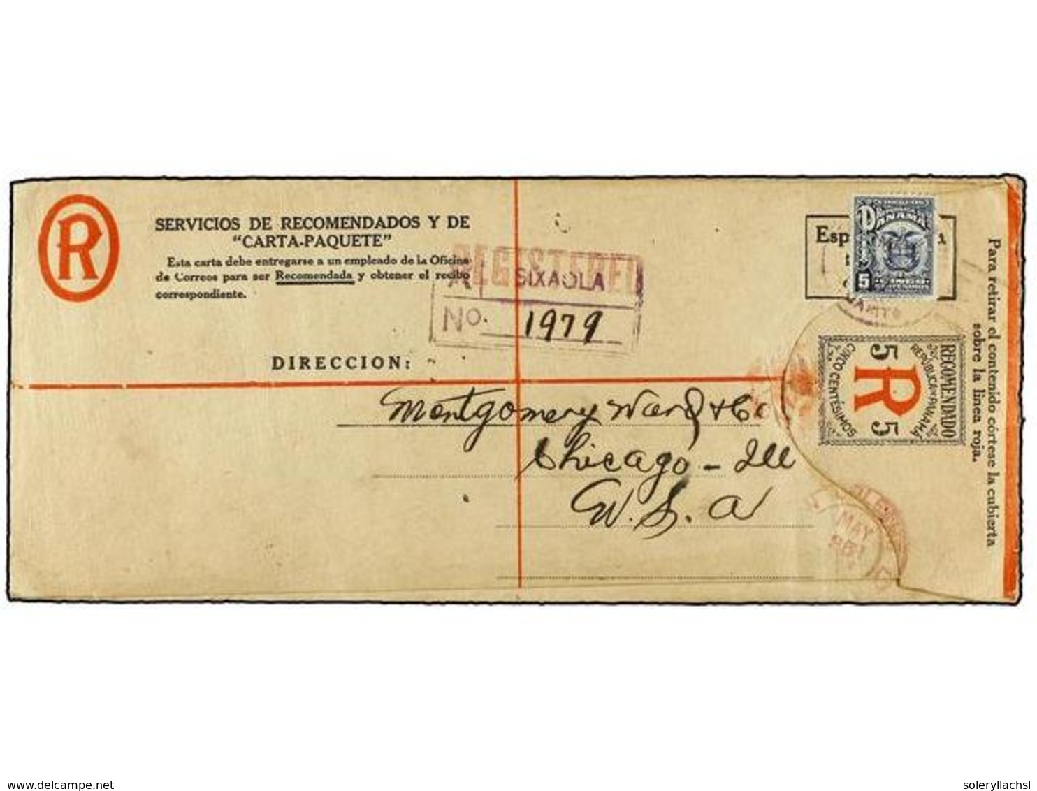 4482 PANAMA. 1926. SIXAOLA A USA. Sobre De Certificados De <B>5 Cts.</B> (tamaño Grande) Con Franqueo Adicional De <B>5  - Sonstige & Ohne Zuordnung