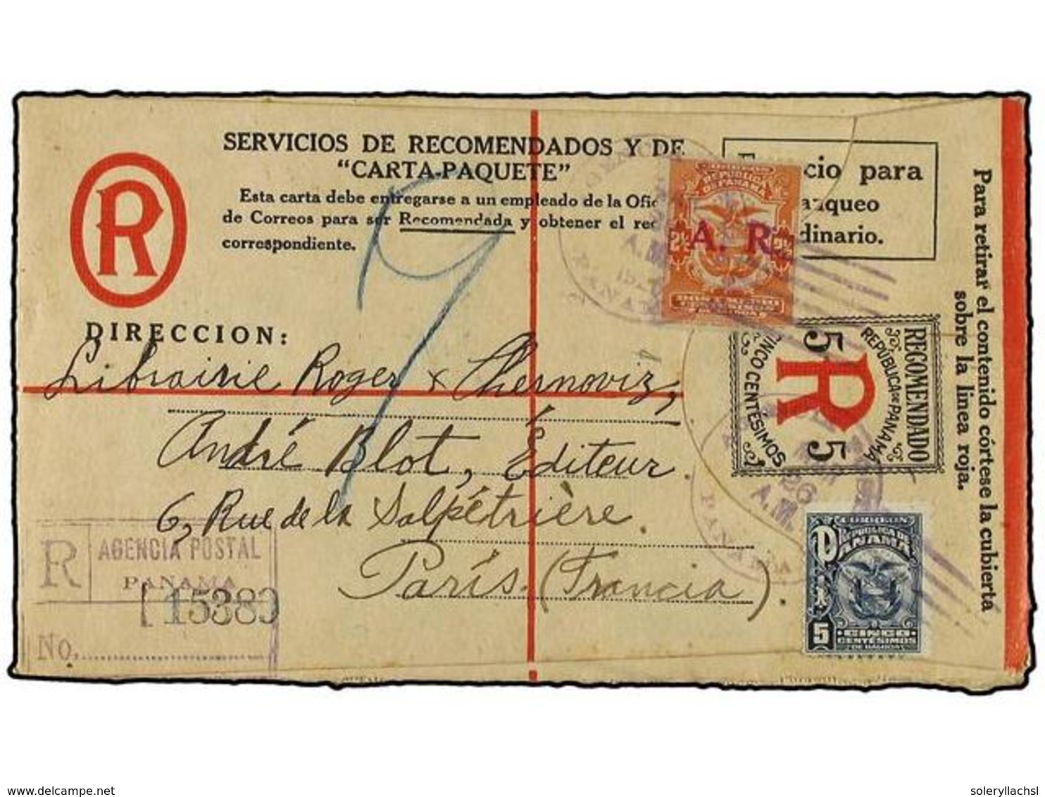 4483 PANAMA. 1926 (March 26). <B>5c</B>. Registered Postal Stationery Envelope Mailed To Paris, Up-rated With 1921 <B>5c - Other & Unclassified