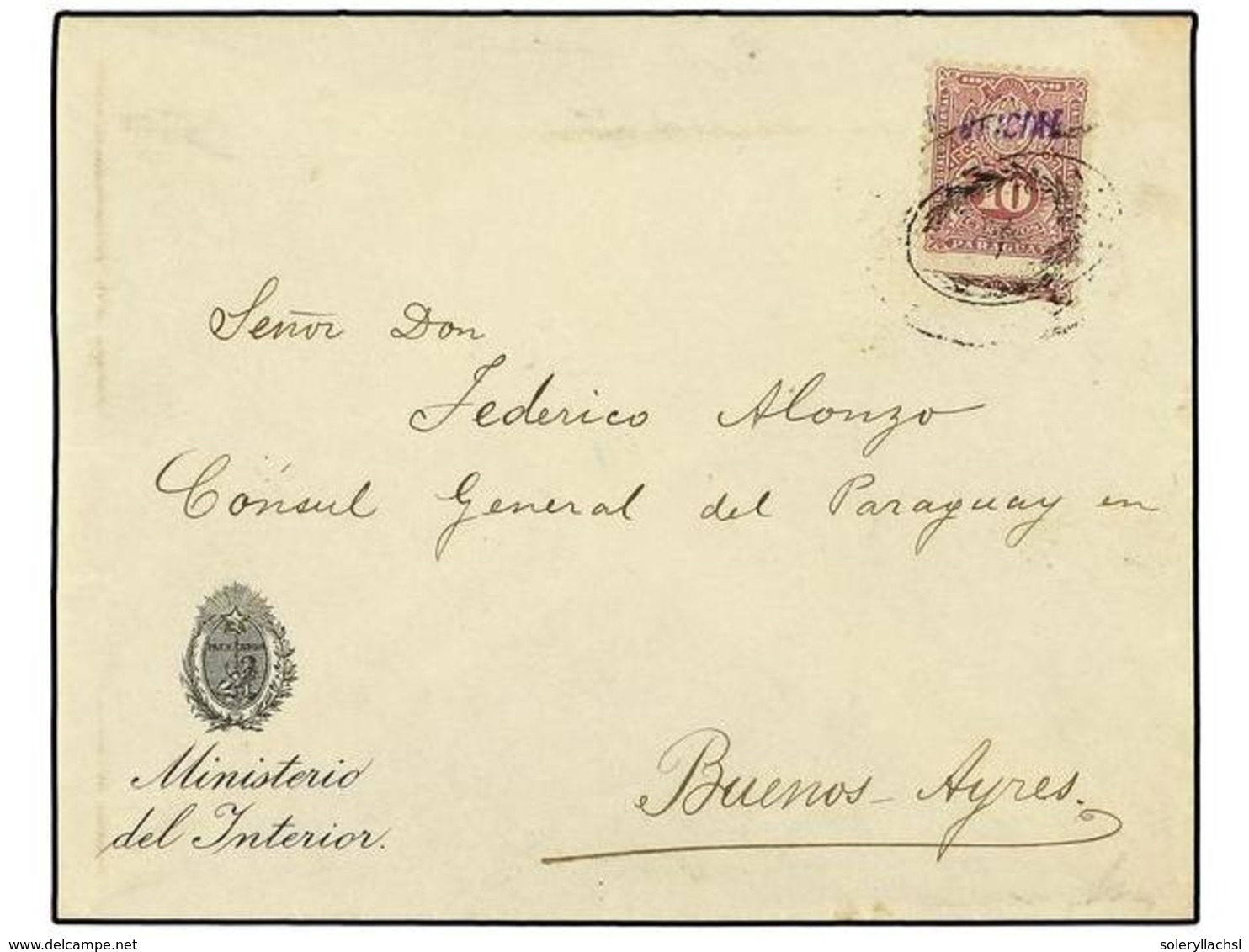 4492 PARAGUAY. 1893. ASUNCIÓN A BUENOS AIRES. <B>10 Cts.</B> Lila, Habilitado <B>OFICIAL</B> En Sobre Del Ministerio Del - Sonstige & Ohne Zuordnung