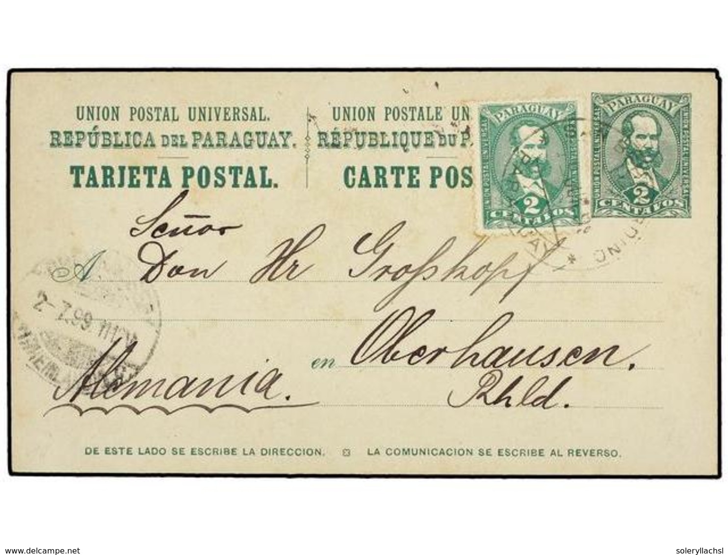 4494 PARAGUAY. 1899. PARAGUAY A ALEMANIA. Entero Postal Doble <B>2+2 Cts.</B> Verde Circulada A La Ida Con Franqueo Adic - Other & Unclassified