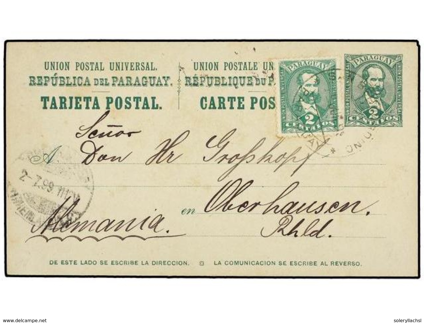 4494 PARAGUAY. 1899. PARAGUAY A ALEMANIA. Entero Postal Doble <B>2+2 Cts.</B> Verde Circulada A La Ida Con Franqueo Adic - Sonstige & Ohne Zuordnung