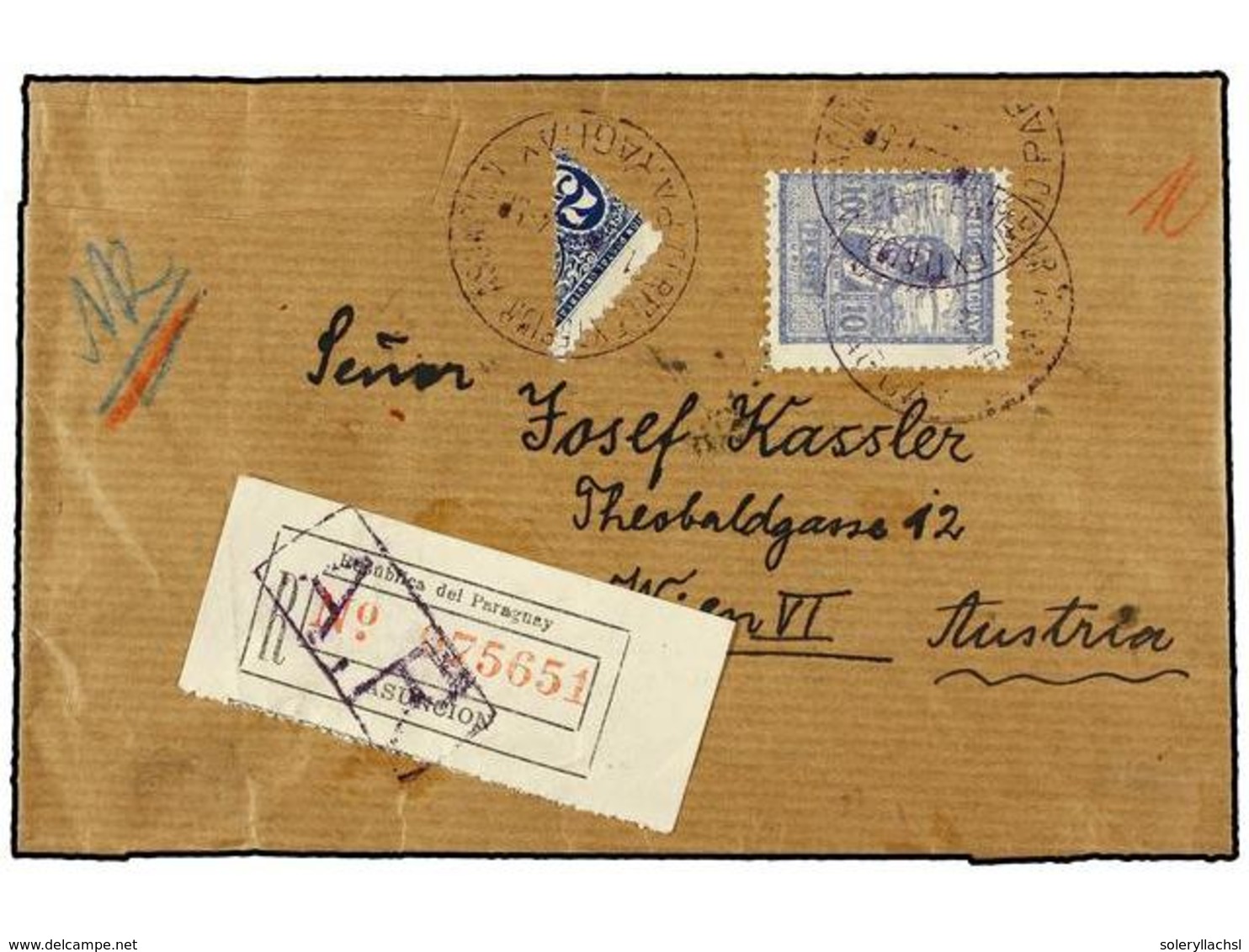 4499 PARAGUAY. 1930. Registered-AR Cover To AUSTRIA Franked By 1928 <B>10 P.</B> Ultramarine And Bisected Diagonally 191 - Sonstige & Ohne Zuordnung