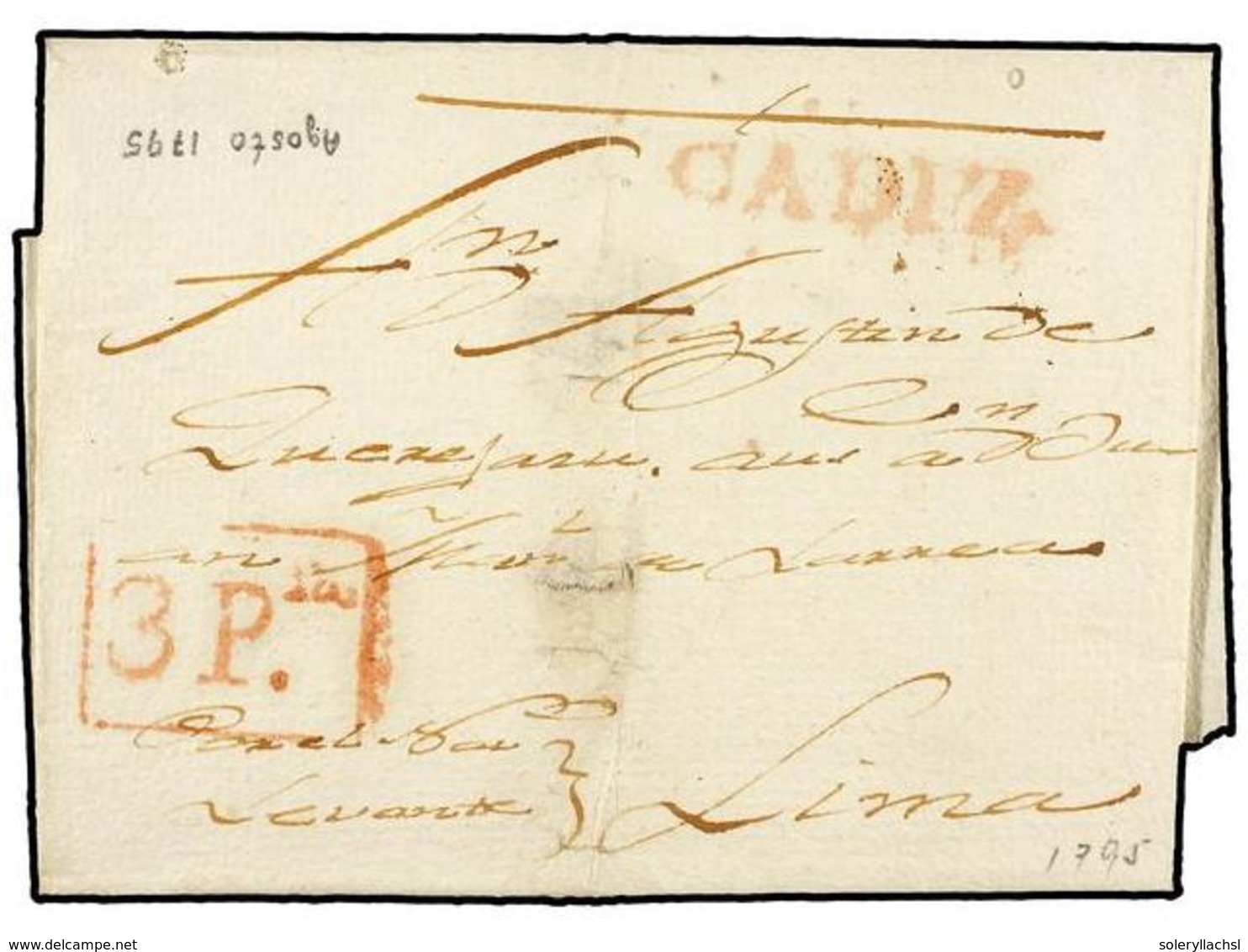 4505 PERU. 1795 (fecha De Archivo). Envuelta Circulada A LIMA (Perú) Via CÁDIZ, Tasa <B>3 Ptas. </B>(reales De Plata), M - Sonstige & Ohne Zuordnung