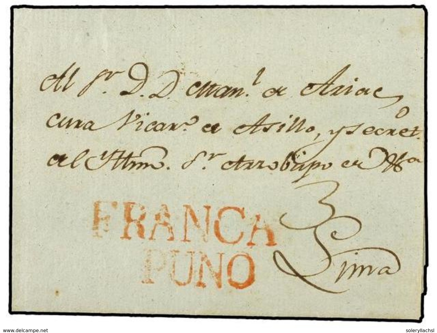 4509 PERU. 1809 (4-Marzo). PUNO A LIMA. Marca <B>PUNO</B> (Col. Nº2) Y <B>FRANCA,</B> No Reseñada En Colareta. Porte Man - Sonstige & Ohne Zuordnung