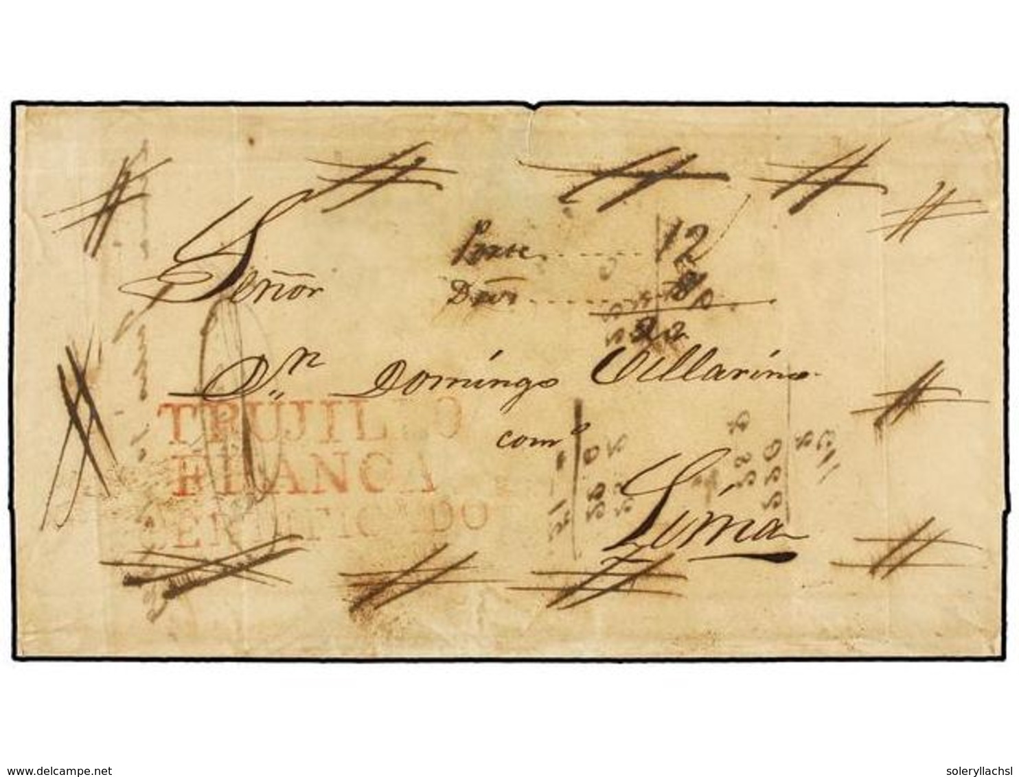 4511 PERU. 1829. TRUJILLO A LIMA. Envuelta. Marca <B>TRUJILLO/FRANCA/CERTIFICADO</B> En Rojo, Aspas En Las Esquinas Y Ta - Other & Unclassified