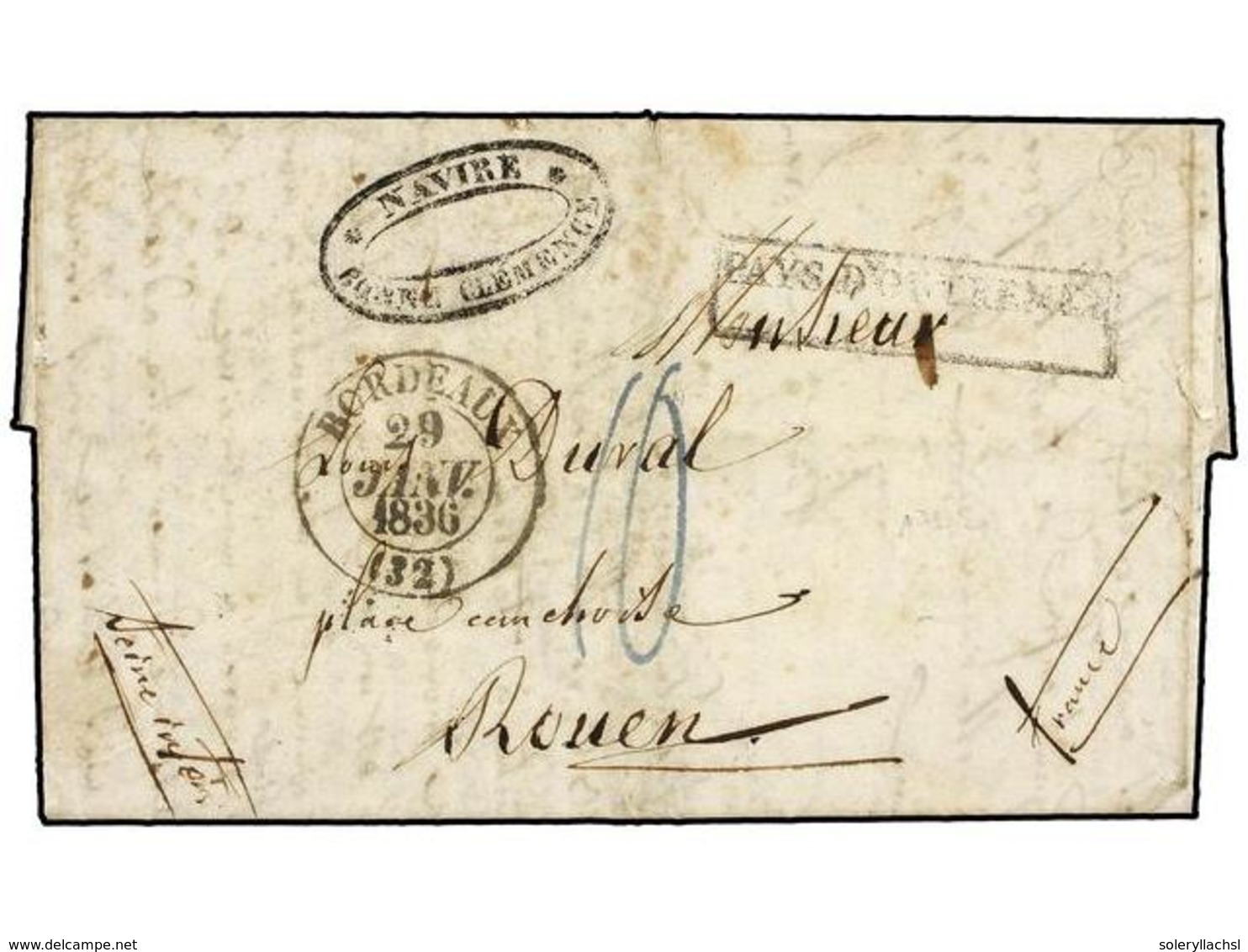 4515 PERU. 1836. LIMA A FRANCIA. Marca Ovalada <B>NAVIRE/BONNE CLEMENCE.</B> A La Llegada, Fechador De Bordeaux Y Marca  - Sonstige & Ohne Zuordnung