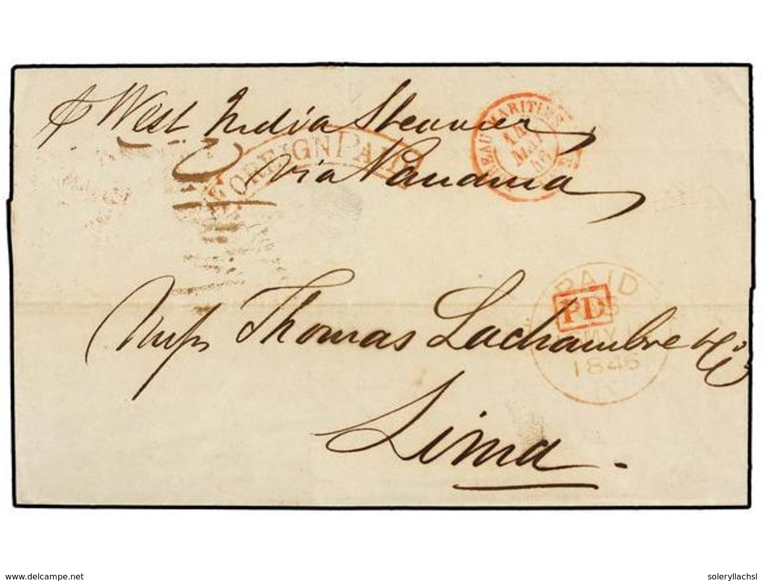 4517 PERU. 1845. HAVRE (Francia) A LIMA (Perú). Via Southampton Dónde Se Le Estampó La Marca <B>FOREIGN PAID</B> En Rojo - Other & Unclassified