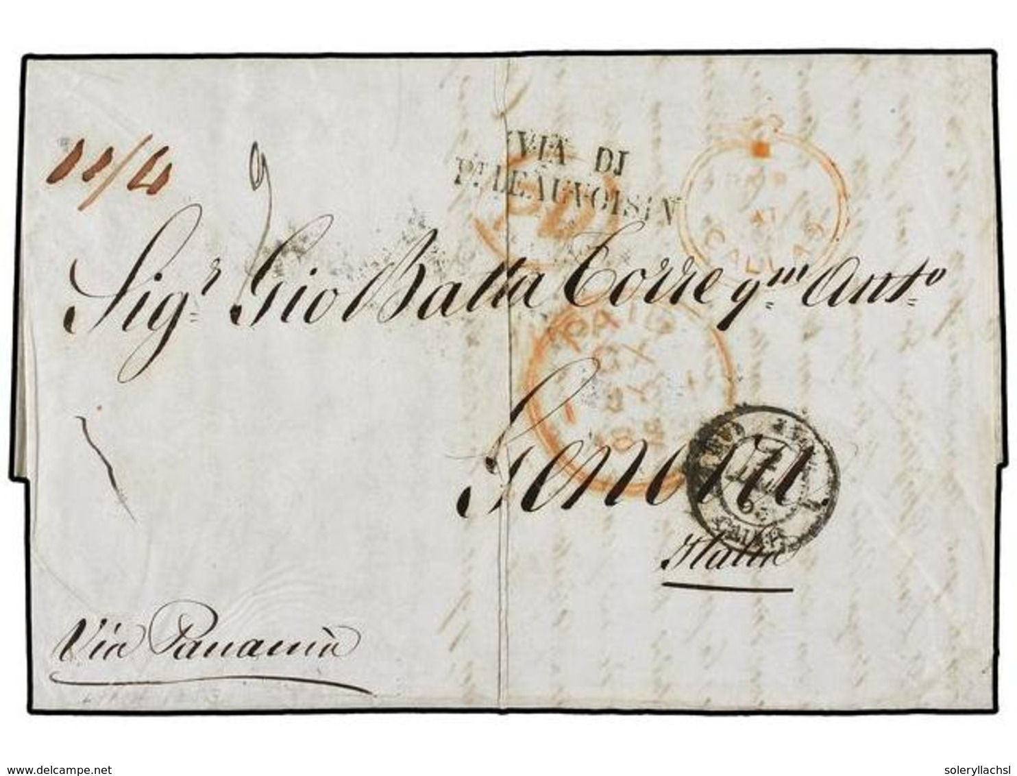 4522 PERU. 1853. LIMA To GENOVA In Italy Endorsed 'via Panamá' With Clear Light <B>PAID/AT/CALLAO</B> Crown Circle With  - Other & Unclassified