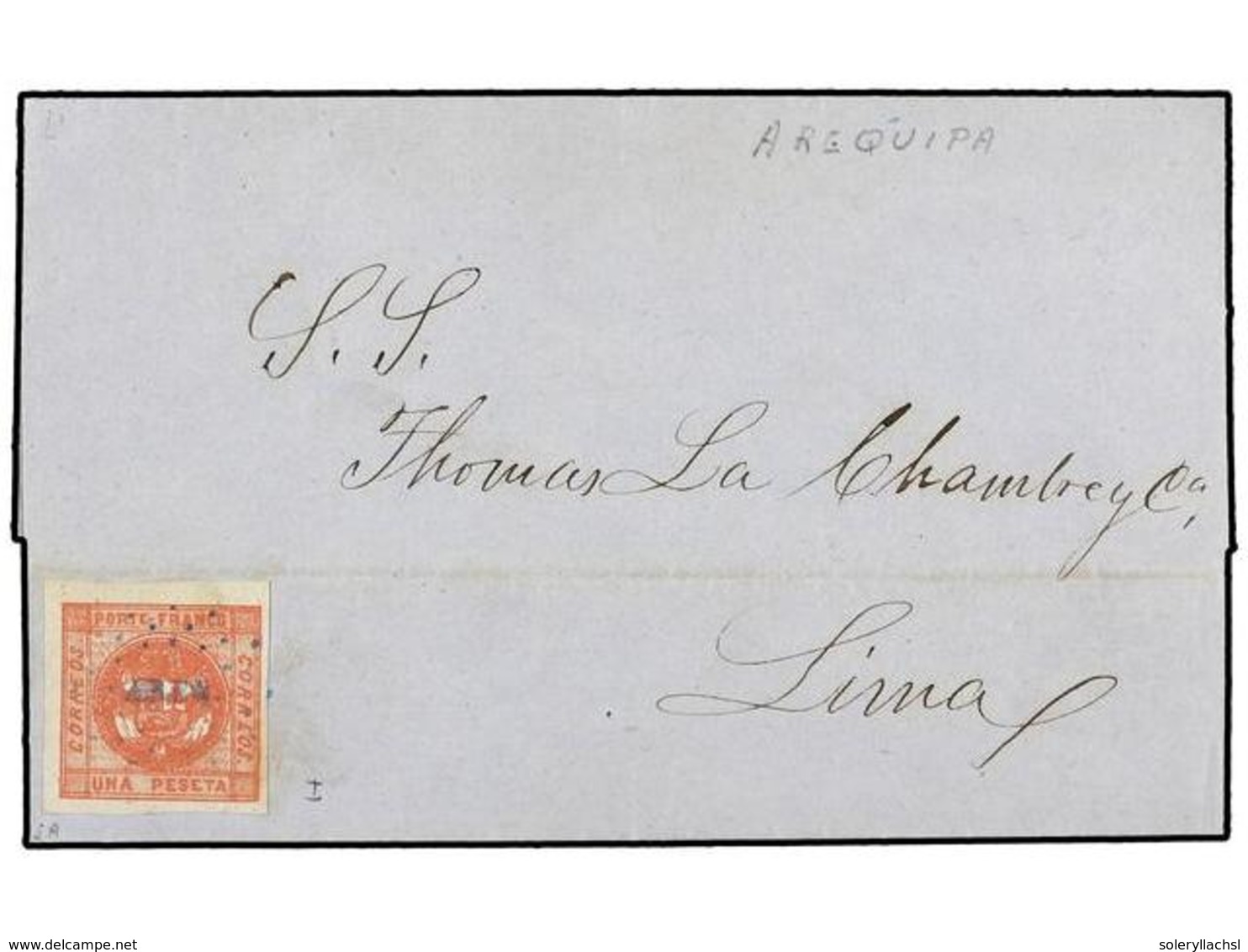 4526 PERU. Sc.8. 1858 (6 Diciembre). AREQUIPA A LIMA.<B> 1 Peseta</B> Rosa Oscuro. Mat. De Puntos <B>AREQ.</B> En Azul.  - Sonstige & Ohne Zuordnung