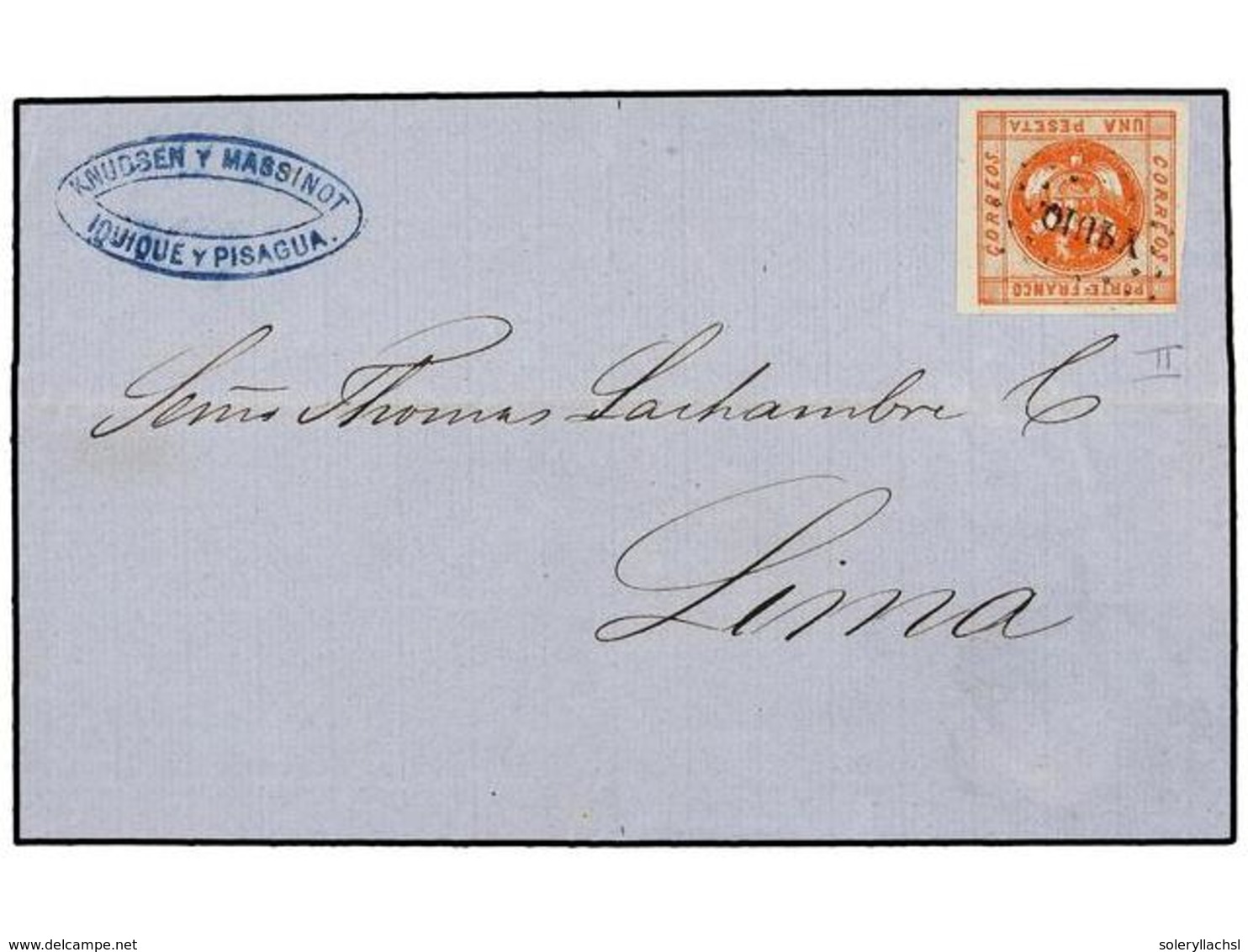 4527 PERU. Sc.8. 1859. IQUIQUE A LIMA. <B>1 Peseta </B>rojo. Mat. De Puntos <B>YQUIQE</B>. Muy Bonita. - Sonstige & Ohne Zuordnung