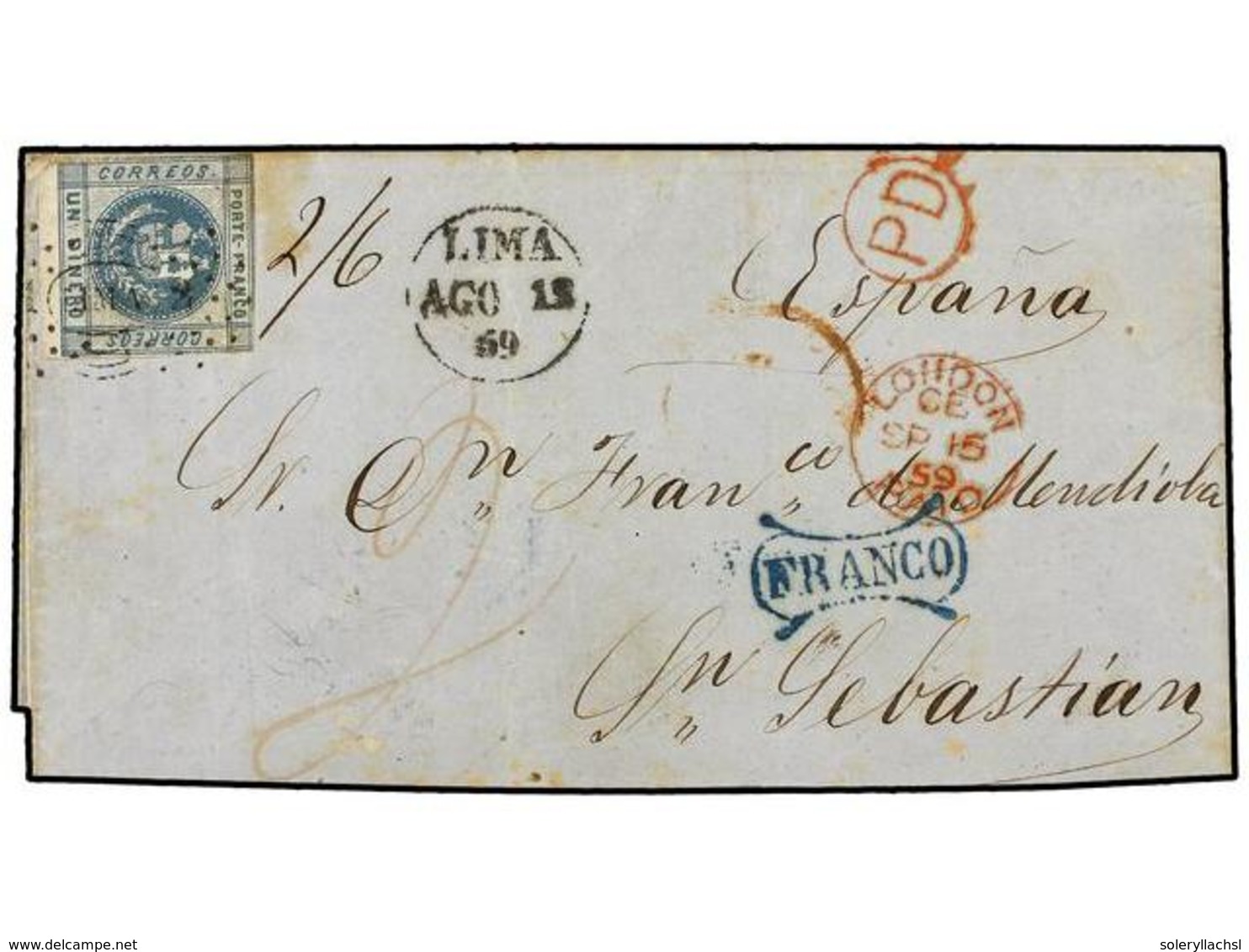 4530 PERU. Sc.7. 1859. LIMA A SAN SEBASTIAN (España). <B>1 Dinero</B> Azul Circulada Via Inglaterra A Través De La Agenc - Sonstige & Ohne Zuordnung