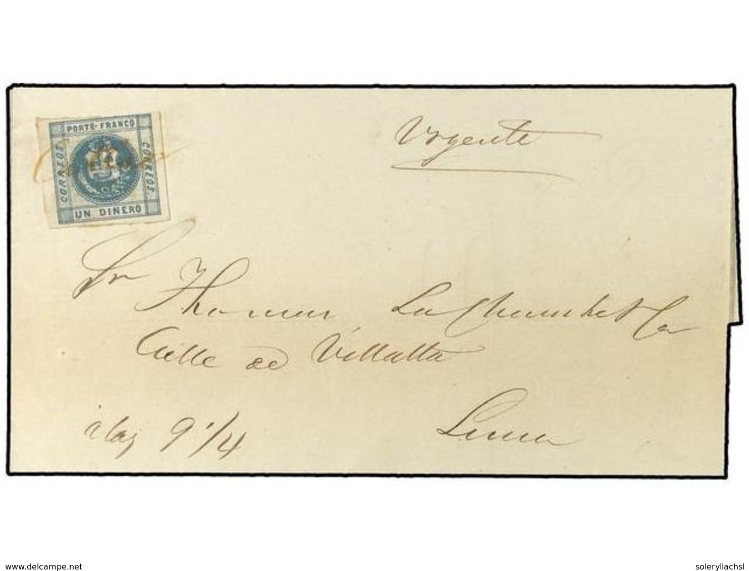 4531 PERU. Sc.7. 1859. CALLAO A LIMA. <B>1 Dinero</B> Azul, Carta Depositada Directamente A La Estación Del Ferrocarril. - Other & Unclassified