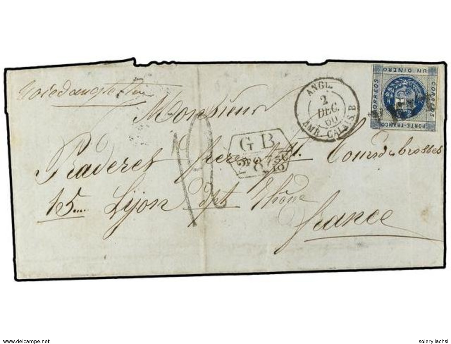 4537 PERU. 1860. E.L. To FRANCE With 1860 <B>1 D.</B> Blue Tied By S/line <B>LIMA</B> Cancel With Boxed <B>GB/2F 87 5/10 - Other & Unclassified