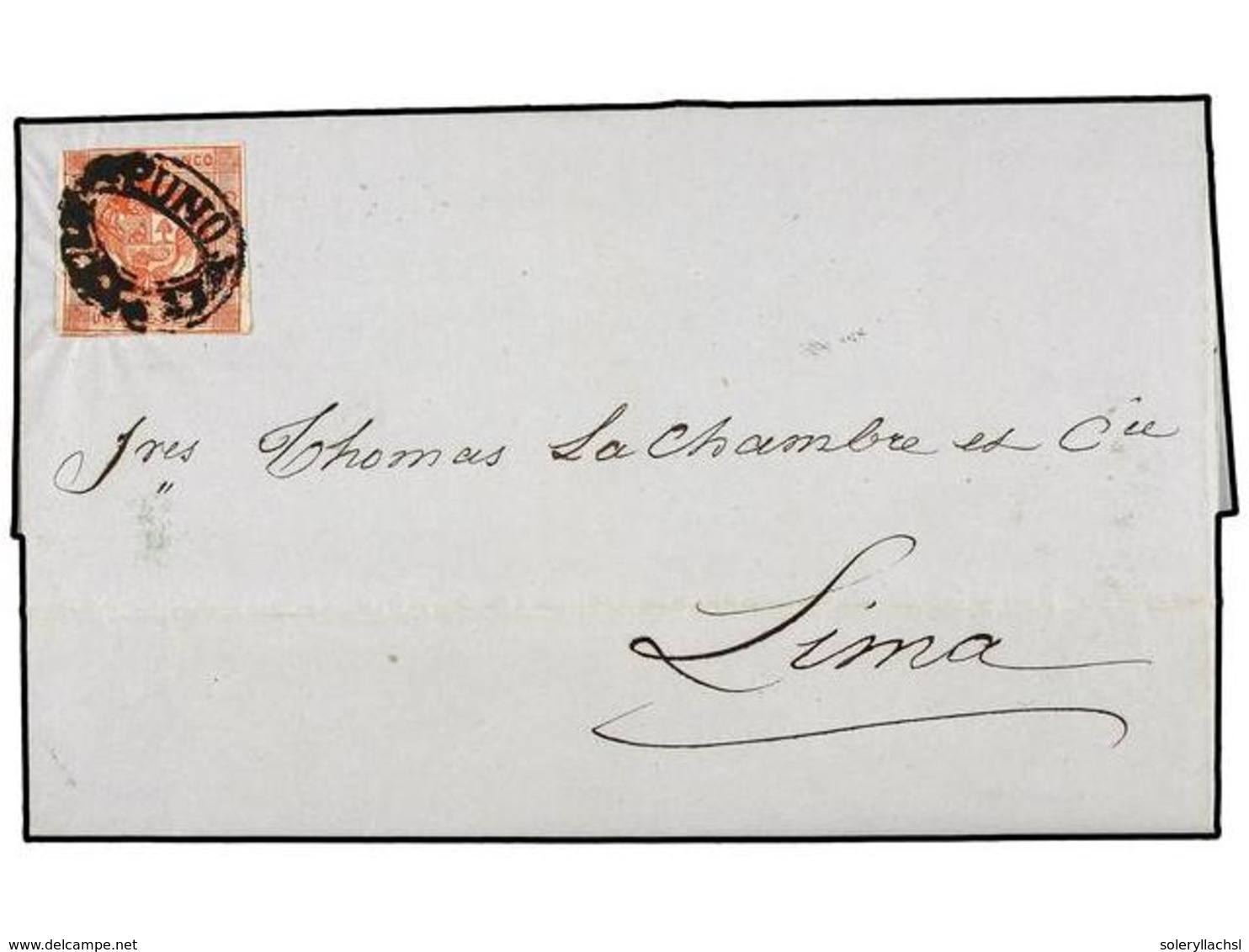 4539 PERU. Yv.7. 1860 (27 Junio). PUNO A LIMA. <B>1 Peseta</B> Rojo, Mat. Ovalado<B> PUNO. </B> MAGNÍFICA. - Other & Unclassified