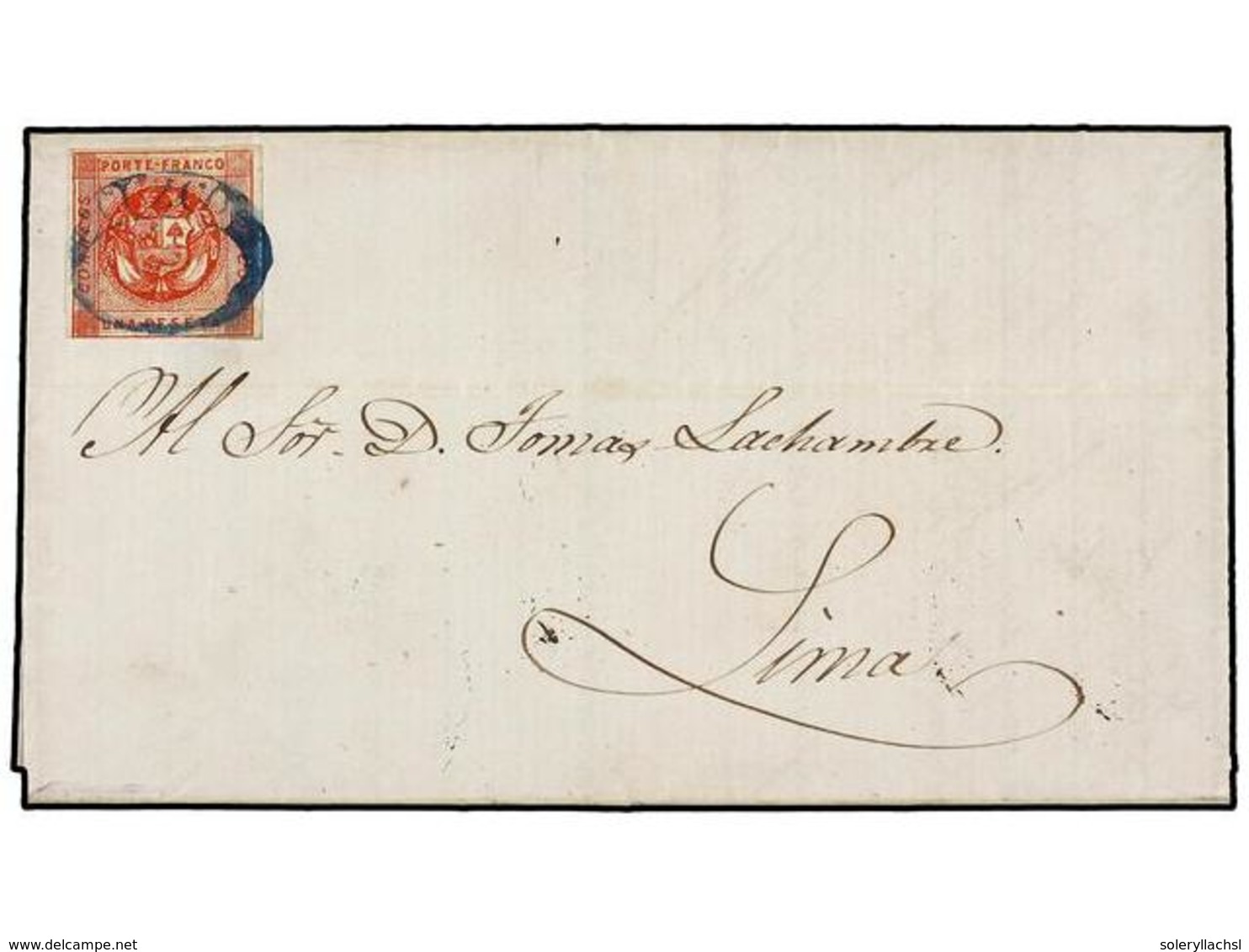 4540 PERU. Yv.7a. 1860 (11 Marzo). CUZCO A LIMA. <B>1 Peseta</B> Rojo, Mat. Ovalado <B>CUZCO</B> En Azul. - Sonstige & Ohne Zuordnung