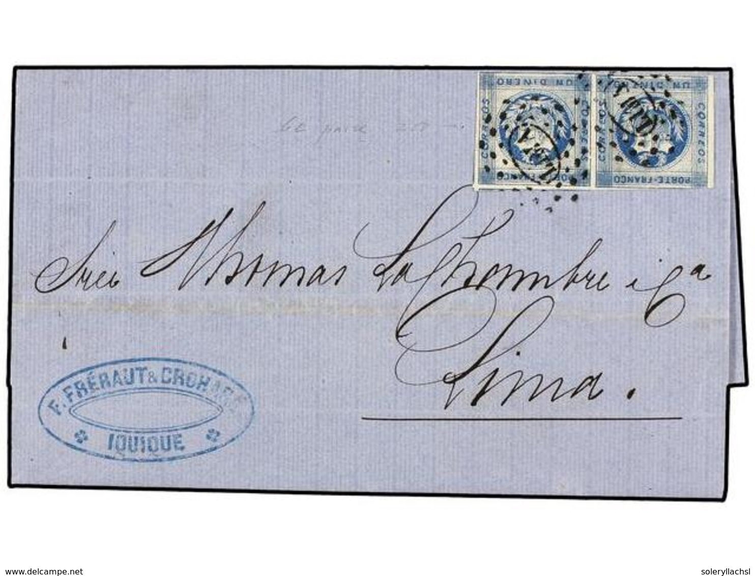 4544 PERU. Yv.6. 1862 (16 Abril). IQUIQUE A LIMA. <B>1 Dinero</B> Azul Pareja. Mat. <B>óvalo De Puntos LIMA</B> Estampad - Other & Unclassified