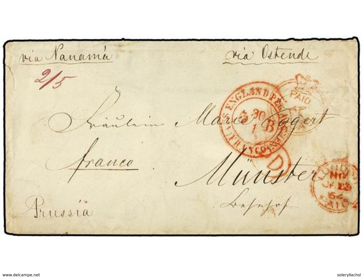 4549 PERU. 1863. CALLAO To MUNSTER (Prusia). Marca<B> PAID/AT/CALLAO</B> Y Tarifa Manuscrita <B>'2/5'</B>circulada Via L - Sonstige & Ohne Zuordnung