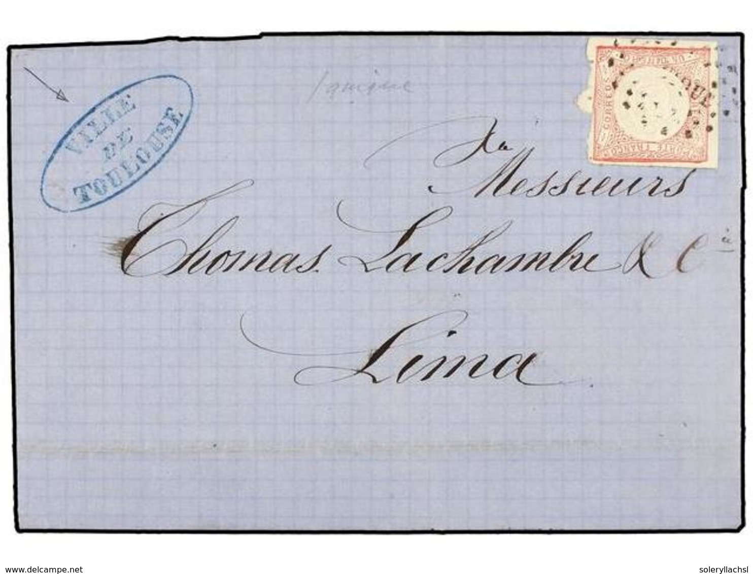 4551 PERU. Yv.8. 1864 (17 Oct.). IQUIQUE A LIMA. <B>1 Dinero</B> Rosa. Carta Escrita A Bordo Del Buque Francés <B>VILLE  - Sonstige & Ohne Zuordnung