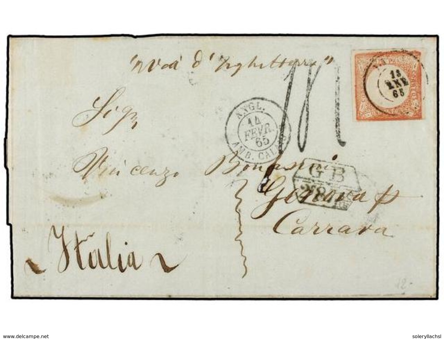 4554 PERU. 1865. LIMA A CARRARA (Italia).<B> 1 Dinero </B>rosa, Marca De Intercambio<B> GB/2F 87 5/10</B>, Tasada A La L - Sonstige & Ohne Zuordnung