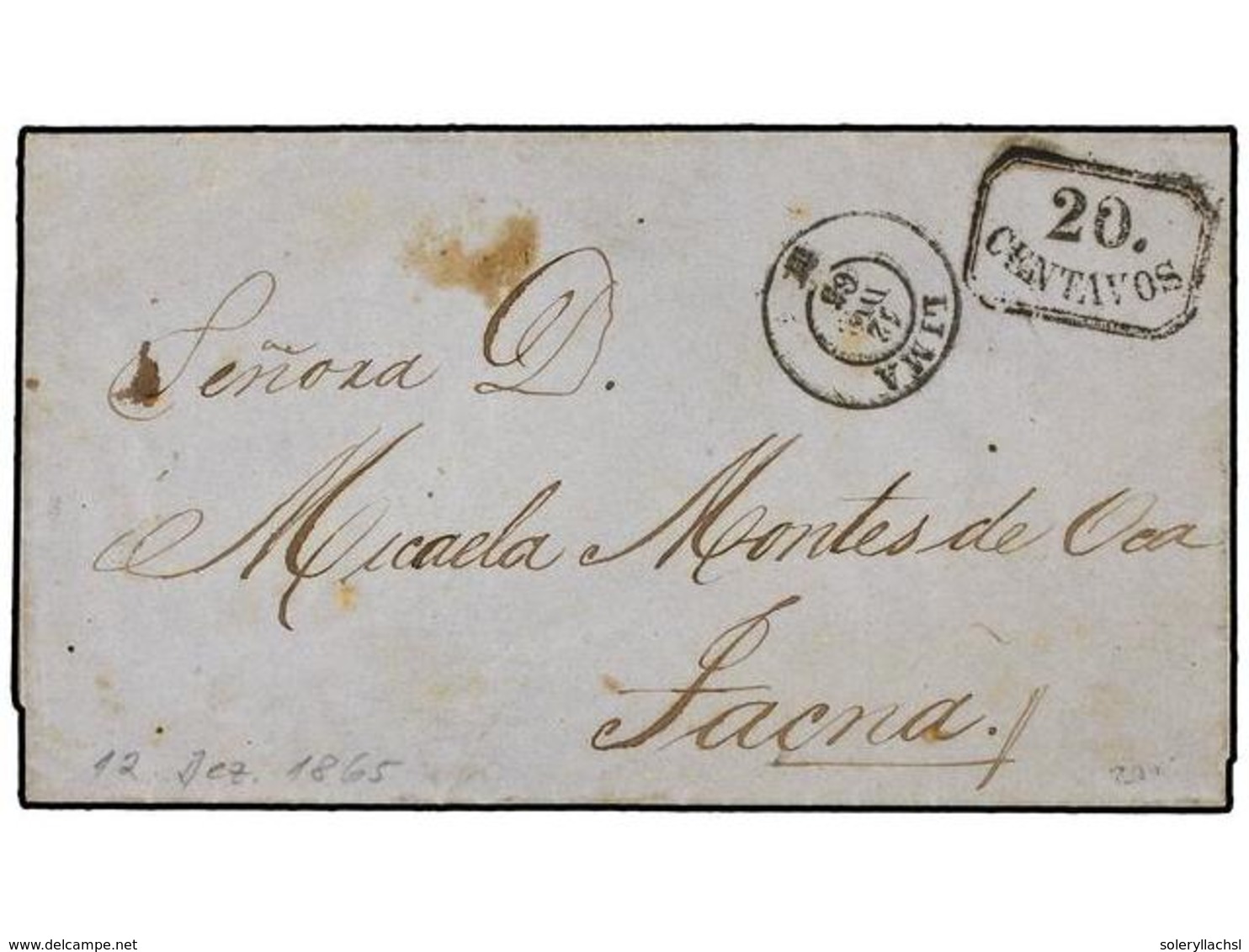 4556 PERU. 1865. LIMA A TACNA. Circulada Sin Sellos, Marca<B> 20 CENTAVOS</B> Indicando El Pago En Metálico En Origen. R - Sonstige & Ohne Zuordnung