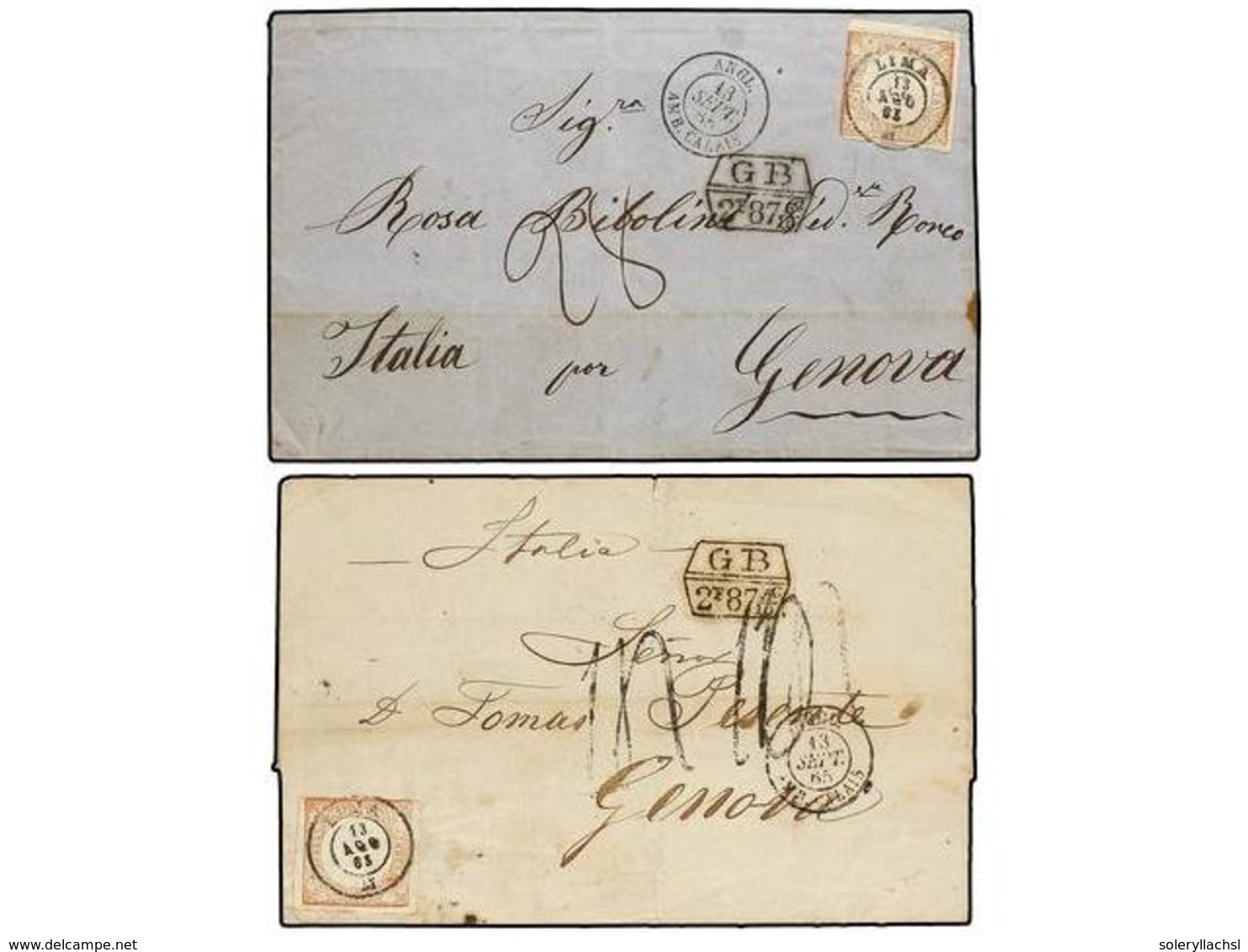 4557 PERU. Sc.12 (2). 1865. Dos Cartas Circuladas De LIMA A GENOVA Circuladas El Mismo Día A Dos Direcciones Distintas C - Other & Unclassified