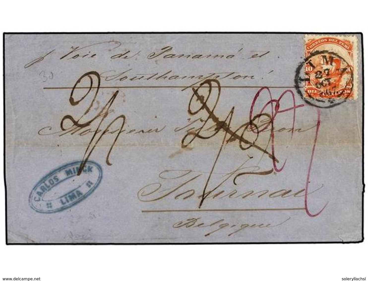 4563 PERU. 1867. LIMA A TORUNAI (Bélgica).<B> 10 Cts.</B> Naranja<B> </B>circulada Via Panamá A Inglaterra. Rara Destina - Sonstige & Ohne Zuordnung