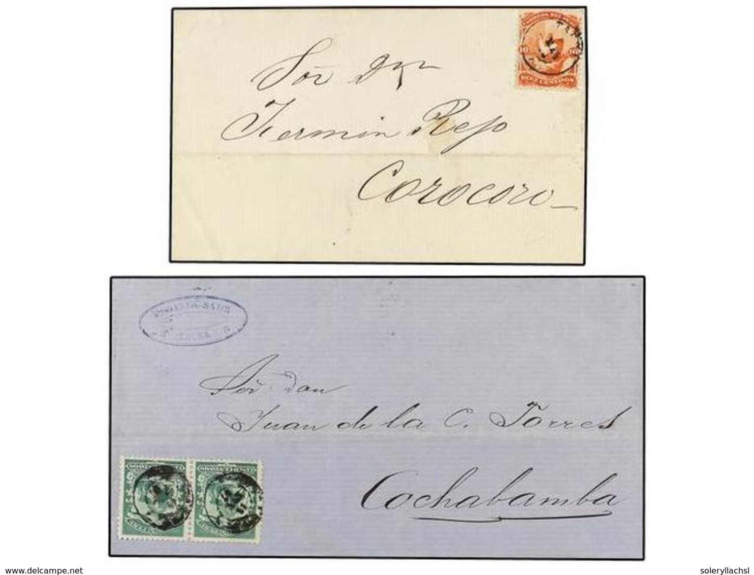 4564 PERU. Sc.16, 17. 1867-68. Dos Cartas Circuladas De TACNA A COCHABAMBA Y COROCORO Con Sellos De <B>5 Cts.</B> Verde  - Sonstige & Ohne Zuordnung
