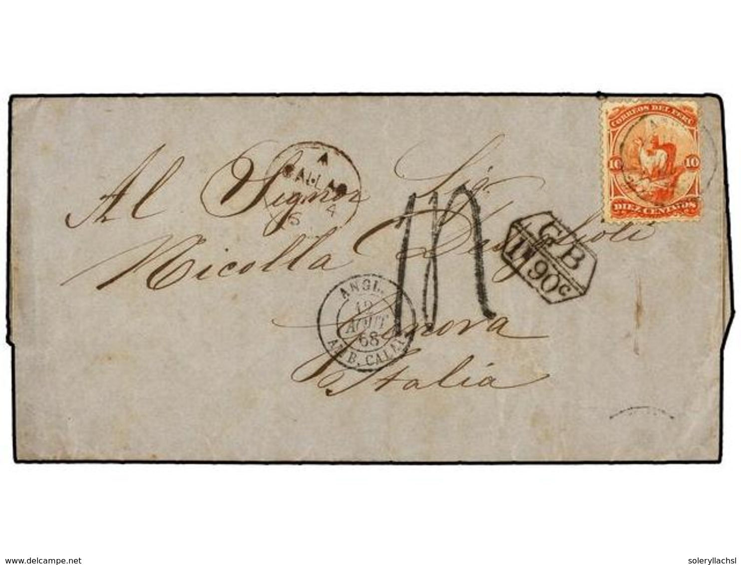 4565 PERU. Sc.17. 1868. CALLAO A GENOVA. <B>10 Ctvos.</B> Naranja, Mat. En Tránsito<B> ANGL/AMB. CALAIS,</B> Rarísimo So - Sonstige & Ohne Zuordnung