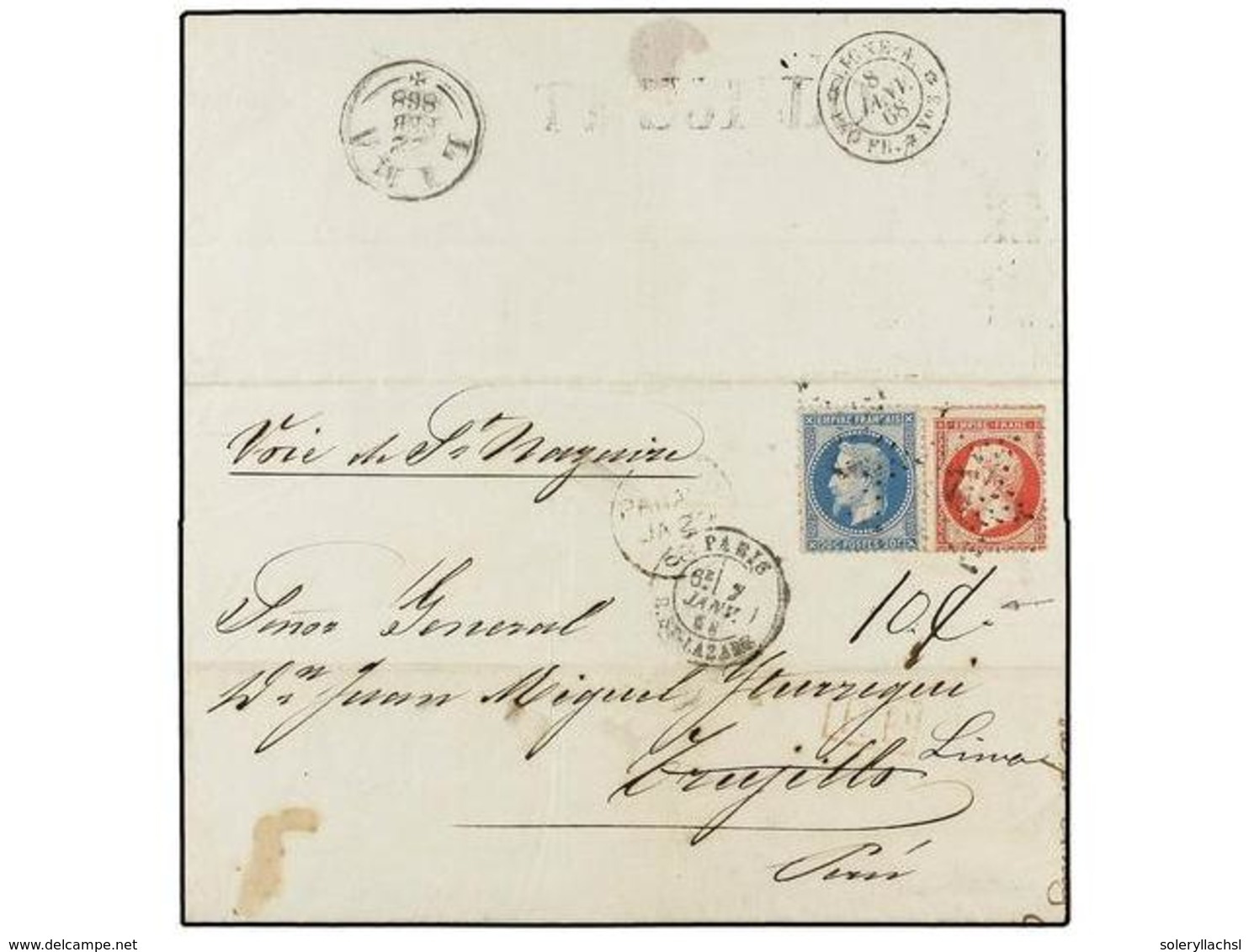 4566 PERU. 1868 (7 Enero). PARIS A TRUJILLO (Perú). <B>20 Cts.</B> Azul Y <B>80 Cts.</B> Rosa Circulada Por El Correo Fr - Sonstige & Ohne Zuordnung