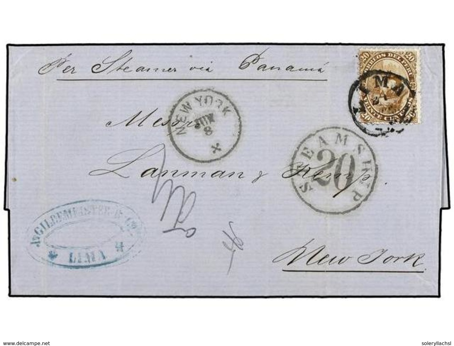 4567 PERU. Sc.18. 1869. LIMA A NEW YORK. <B>20 Ctvos.</B> Castaño. MAGNÍFICA. - Other & Unclassified