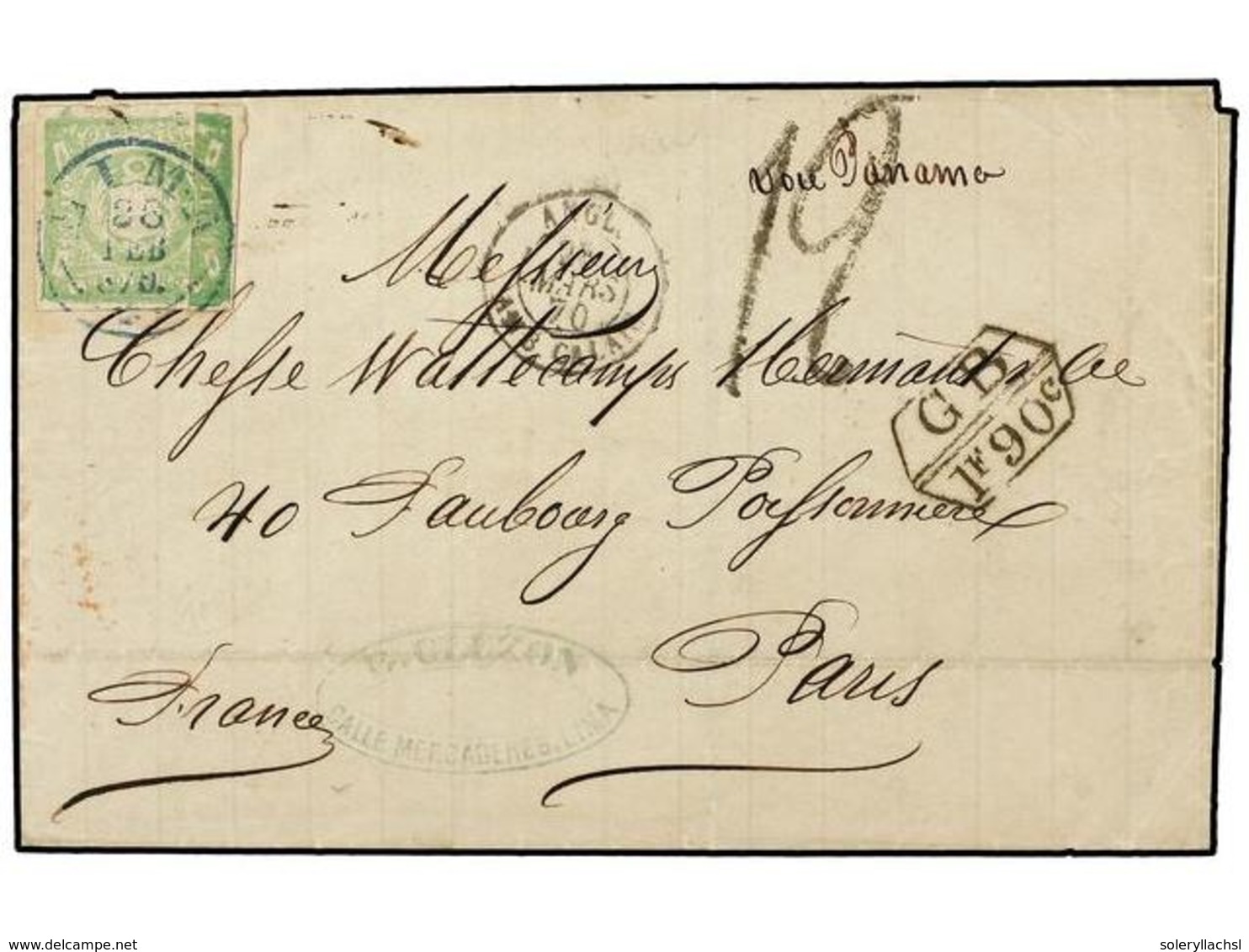 4570 PERU. 1870. LIMA A PARIS. <B>1 Dinero</B> Verde, Marca De Intercambio<B> GB/1F 90c.</B>, Tasada A La Llegada Con '1 - Other & Unclassified