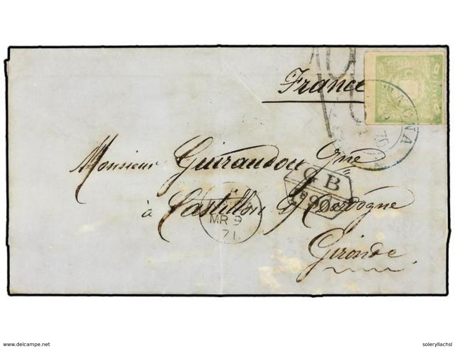 4572 PERU. 1871 (24 Febrero). TACNA A FRANCIA. Carta Completa Con Texto Franqueada Con Sello De <B>1 Dinero</B> Verde, M - Other & Unclassified