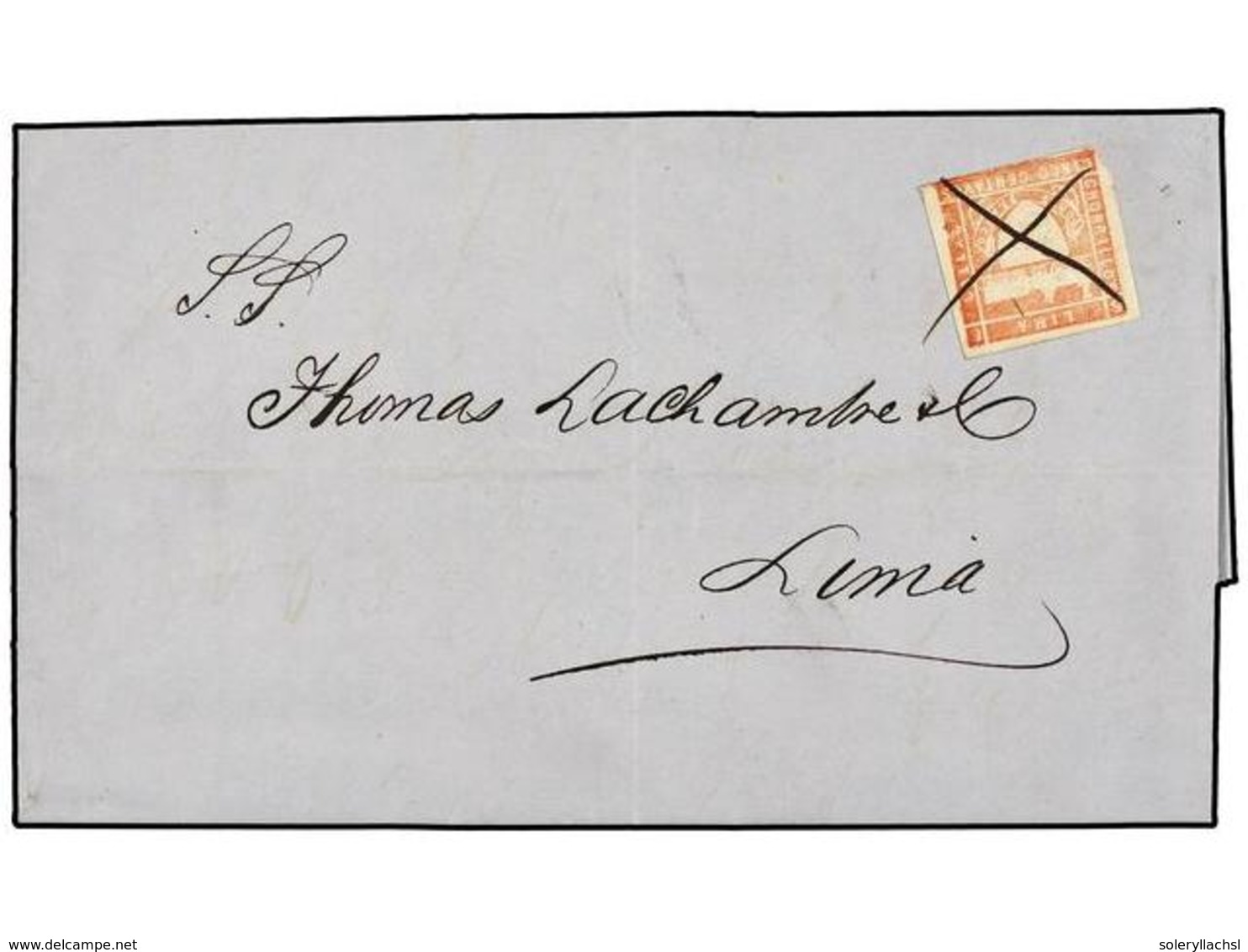 4578 PERU. Sc.19. 1871 (10 Junio). CALLAO A LIMA. <B>5 Ctvos.</B> Rosa, Mat. <B>CRUZ </B>en Tinta De Escribir. - Sonstige & Ohne Zuordnung