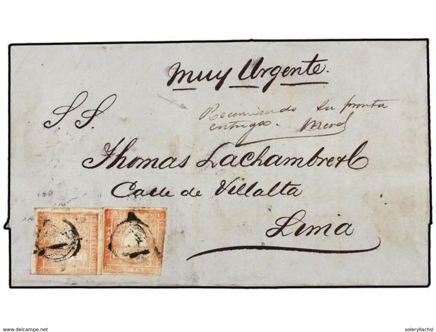 4579 PERU. Yv.14. 1871 (19 Oct.). CALLAO A LIMA. <B>5 Ctvos.</B> Rosa, Dos Sellos. Mat. <B>círculo En Negro</B> Manuscri - Sonstige & Ohne Zuordnung