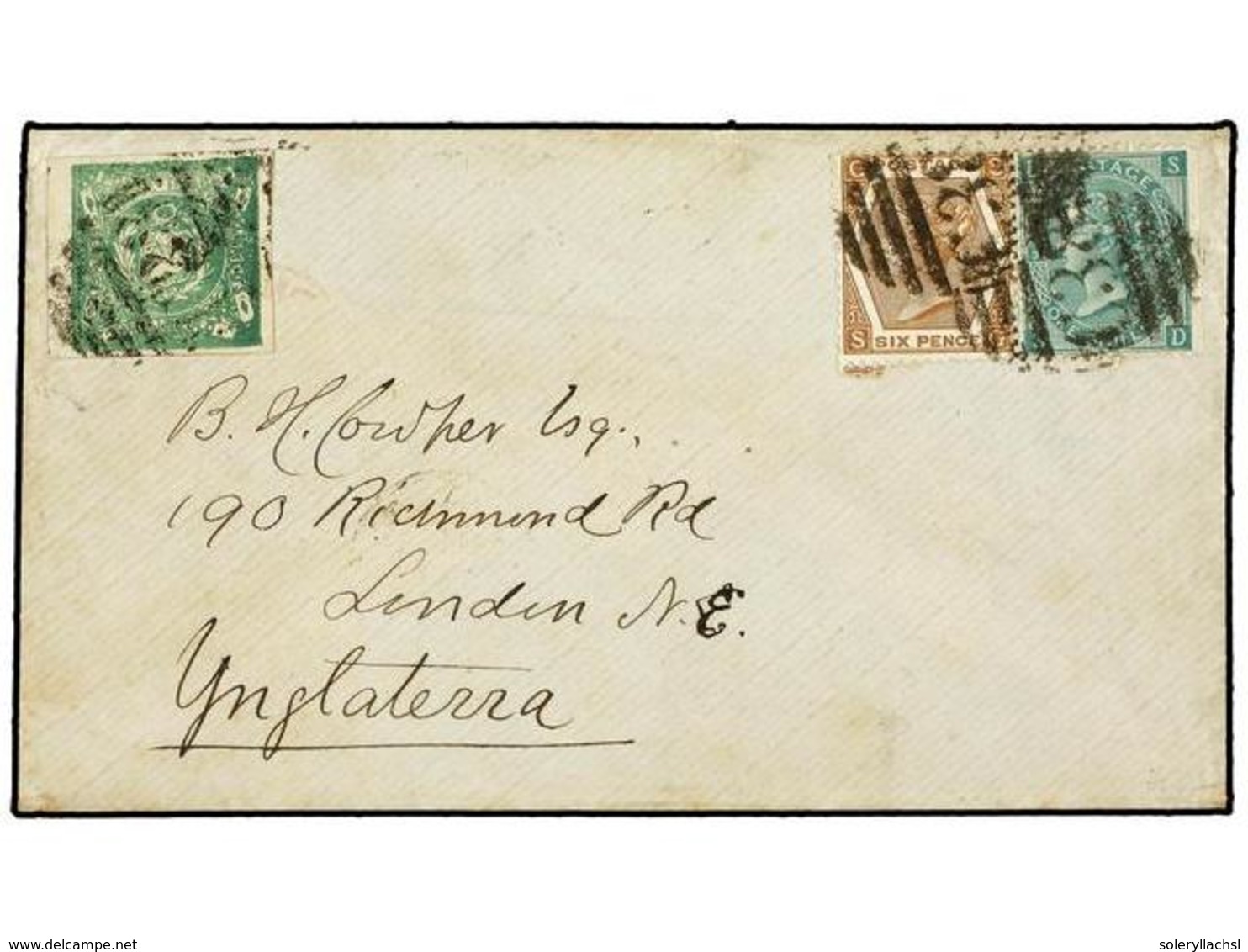 4580 PERU. 1872. LIMA A LONDRES. Circulada Con Sello De <B>1 Dinero</B> Verde Y Sellos Británicos De <B>6 P.</B> Bistre, - Sonstige & Ohne Zuordnung