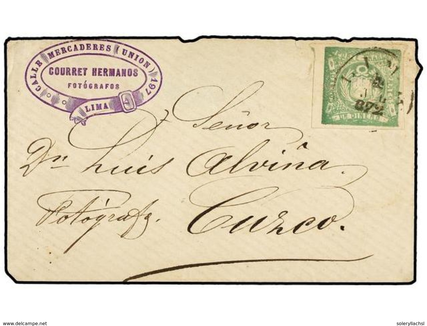 4585 PERU. Sc.14. 1872. LIMA A CUZCO. <B>1 Dinero</B> Verde En Sobre Con Membrete Impreso<B> COURRET HERMANOS/FOTOGRAFOS - Sonstige & Ohne Zuordnung