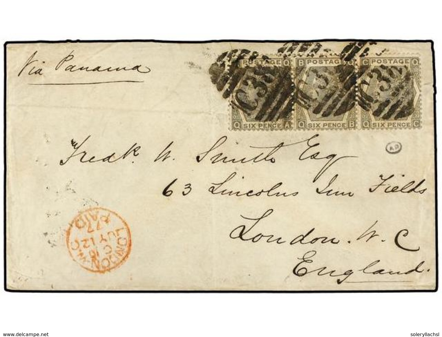 4594 PERU. 1877. CALLAO A LONDRES. Circulada Con Una Tira De Tres Del Sello Británico De <B>6 P.</B> Mat. <B>C38</B> De  - Sonstige & Ohne Zuordnung