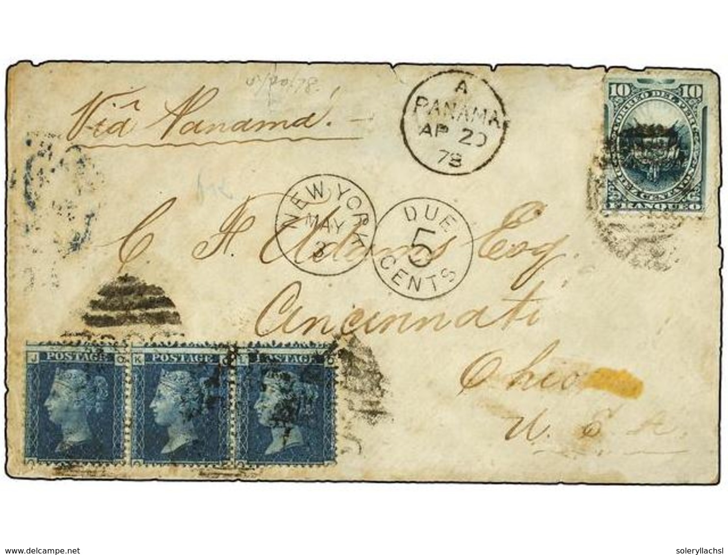 4596 PERU. 1878. CALLAO To OHIO (U.S.A.). Peruvian <B>10 Ctvos.</B> Green Stamp Mixed With Great Britain <B>2 P.</B> Blu - Sonstige & Ohne Zuordnung