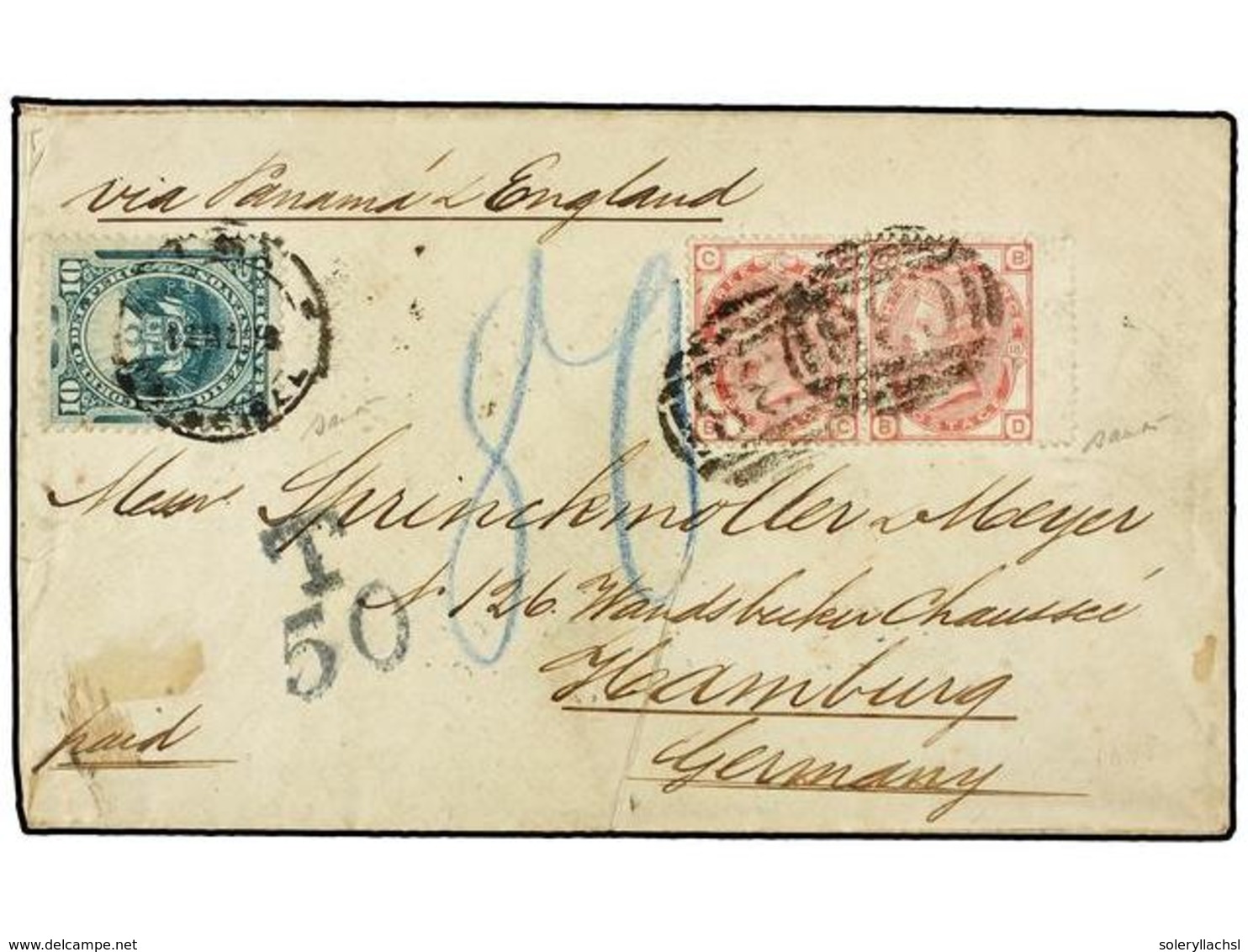 4599 PERU. 1879. CALLAO A HAMBURG. Circulada Con Sello De Perú De <B>10 Ctvos.</B> Verde Y Sellos Británicos De <B>3 P.< - Sonstige & Ohne Zuordnung