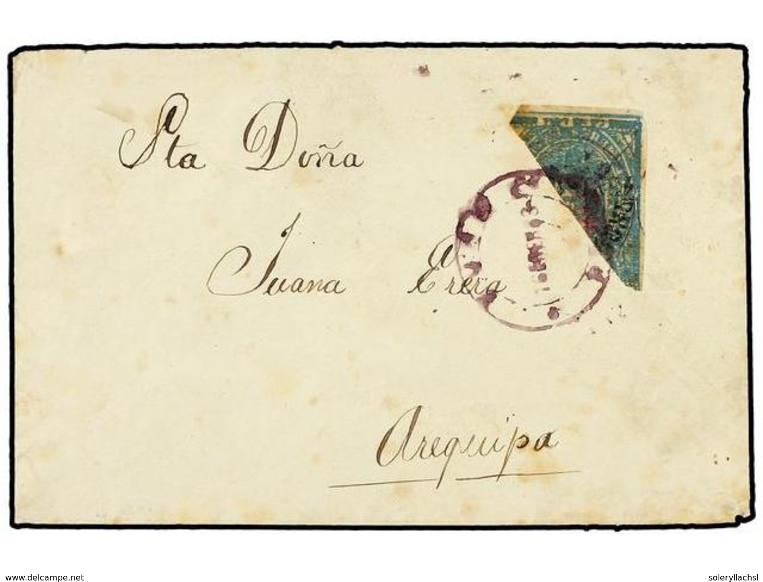 4601 PERU. 1883. <B>PACIFIC WAR</B>. Cover To AREQUIPA Franked By Diagonally Bisected 1881 <B>10c.</B> Blue Of Arequipa  - Other & Unclassified