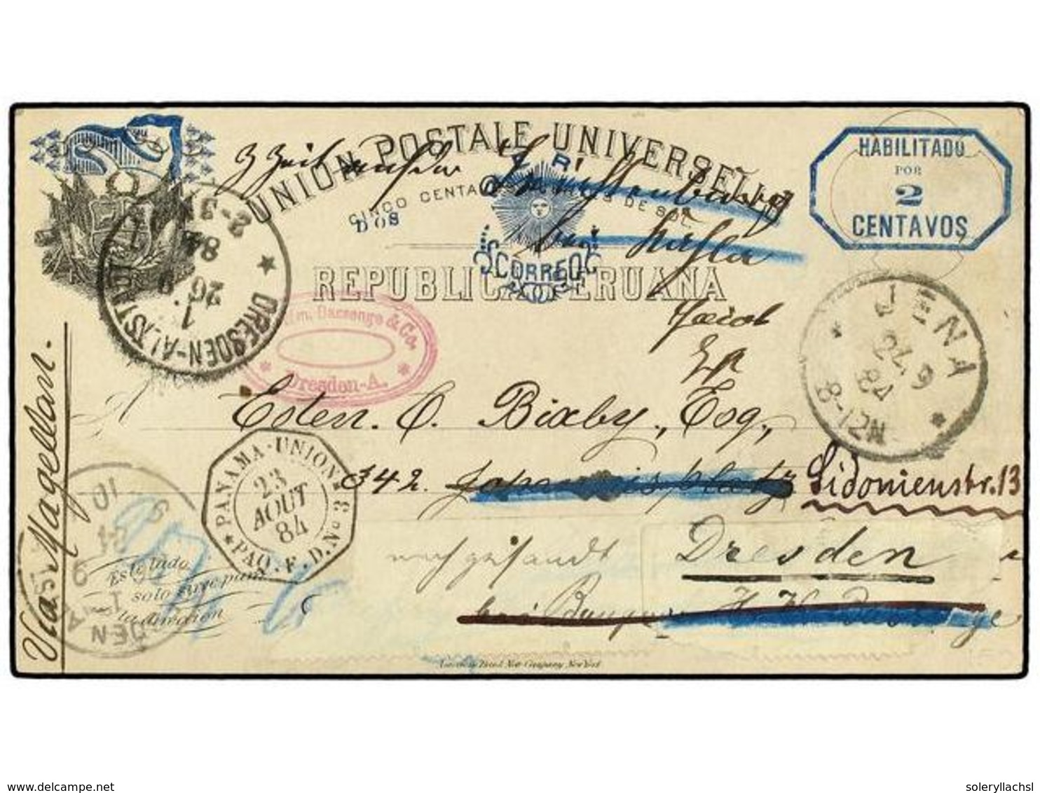 4602 PERU. 1884. LIMA A ALEMANIA. Entero Postal De <B>2 Ctvos.</B> Azul Habilitado Sobre <B>5 Ctvos.</B> Fechador Mariti - Sonstige & Ohne Zuordnung