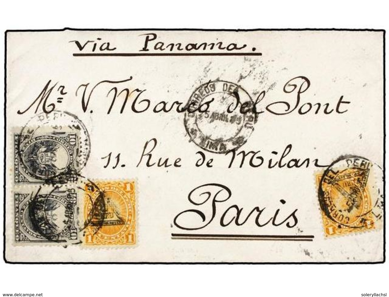 4605 PERU. Yv.59(2), 79(2). 1885. LIMA A PARIS. <B>1 Ctvo.</B> Naranja (2), Habilitados Con El Triángulo Y <B>10 Ctvos.< - Sonstige & Ohne Zuordnung