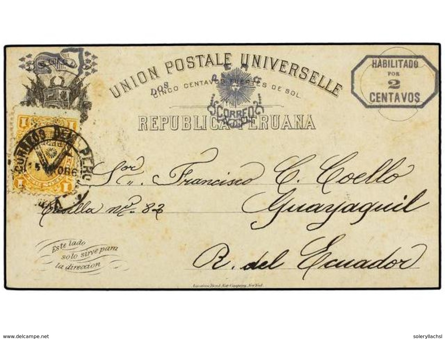 4609 PERU. 1886. LIMA A GUAYAQUIL (Ecuador). Entero Postal De <B>2 Ctvos. S. 5 Ctvos.</B> (habilitación En Gris) Con Fra - Sonstige & Ohne Zuordnung