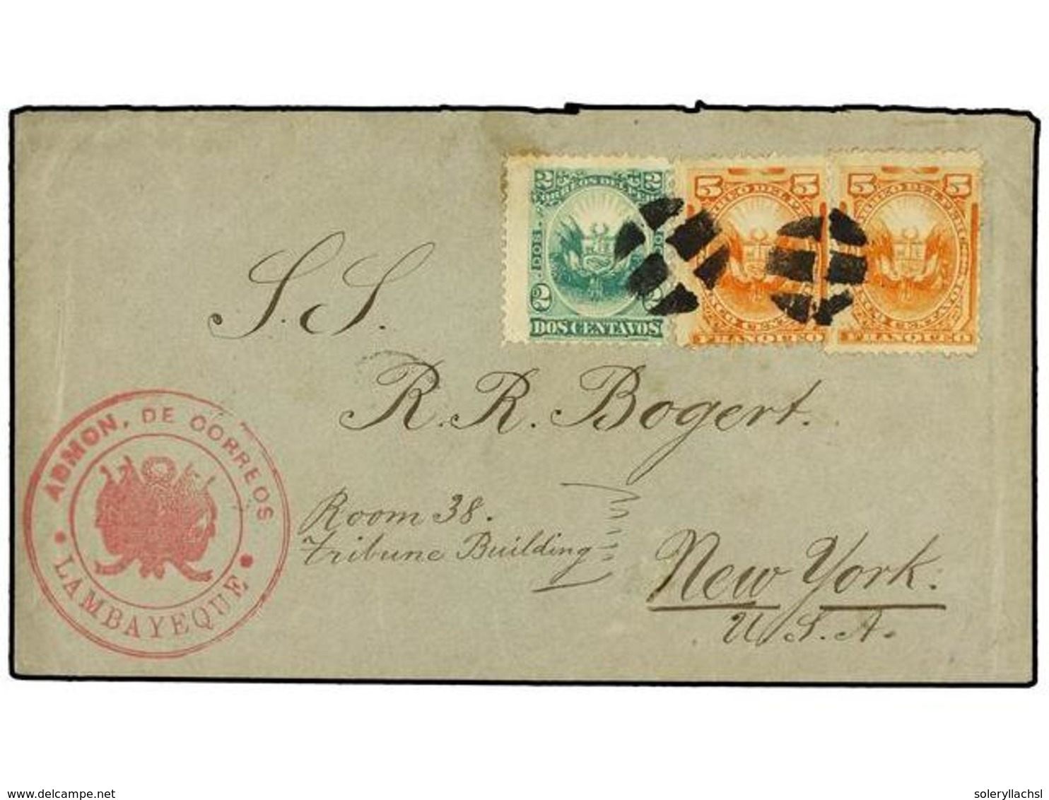 4611 PERU. Sc.106, 108. 1886. LAMBAYEQUE A NEW YORK. <B>2 Ctvos.</B> Verde Y <B>5 Ctvos.</B> Naranja (2). Al Dorso Llega - Other & Unclassified