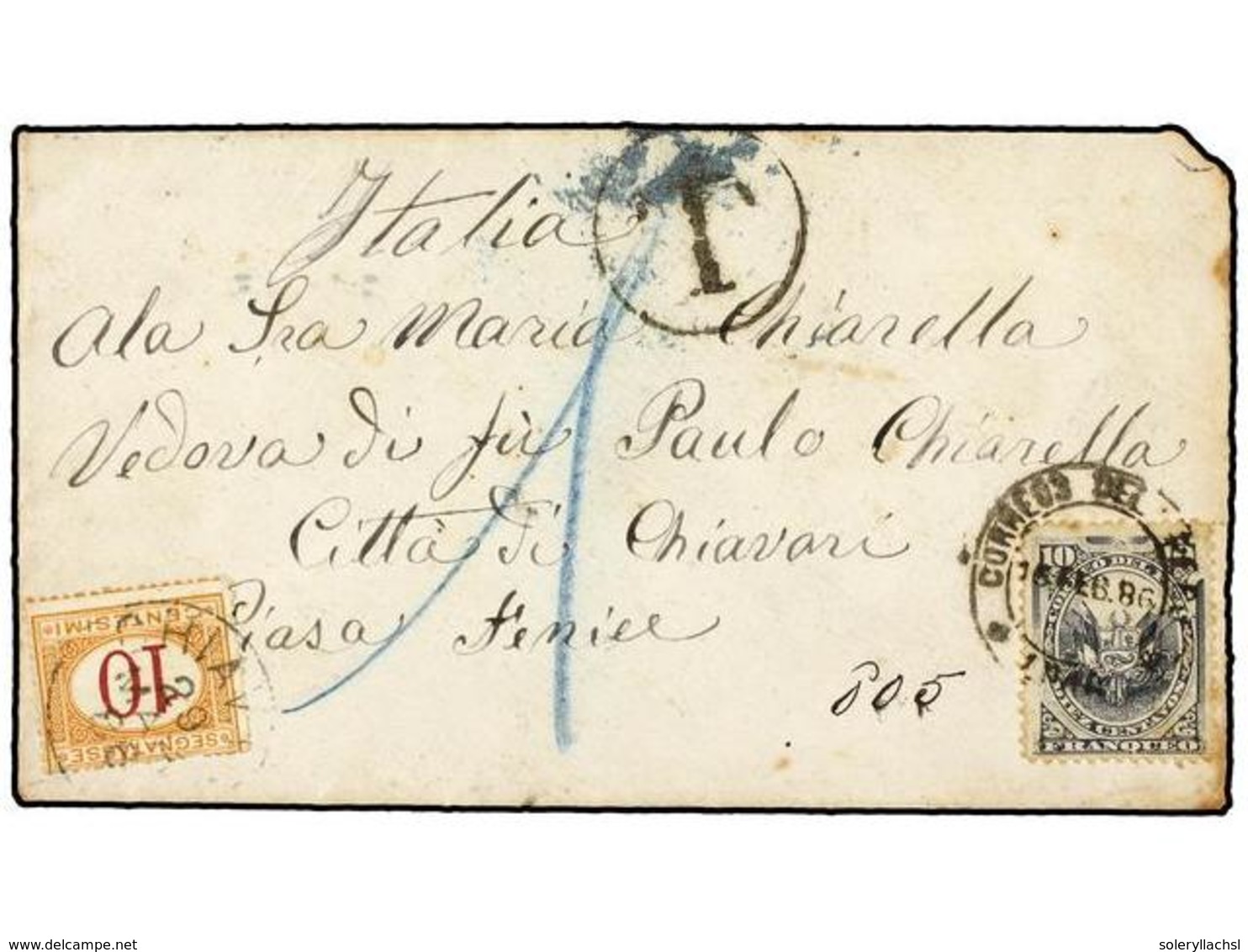 4612 PERU. Sc.26. 1886. LIMA A ITALIA. <B>10 Ctvos.</B> Gris, Tasada A La Llegada Con Sello Italiano De <B>10 Cts.</B> - Sonstige & Ohne Zuordnung