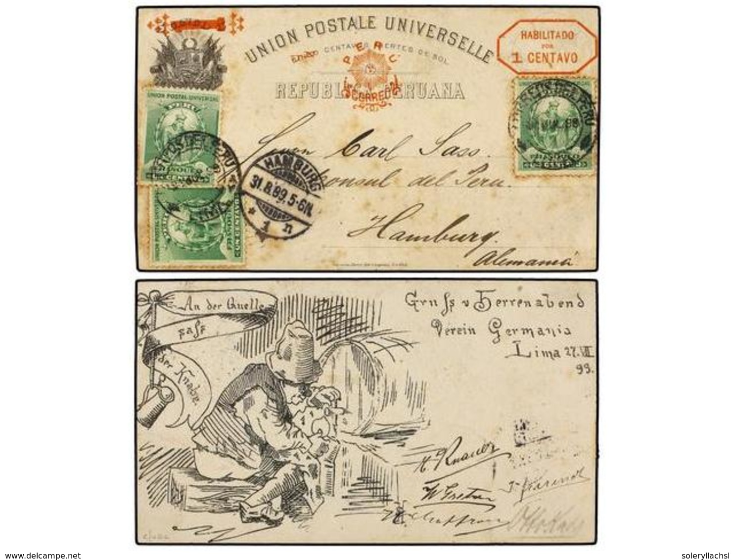 4614 PERU. 1889. Entero Postal De <B>1 Ctvo.</B> Con Ilustración De Origen Privado Al Dorso. Circulado A ALEMANIA. ESPEC - Other & Unclassified